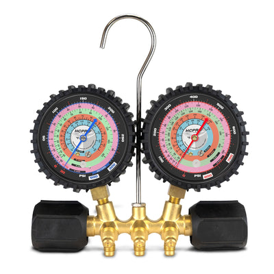 HCPRO HC-2V2F5AB Manifold Gauge Set – R410A/R22/R404A/R134a, °F, Anti-Blowback Hoses