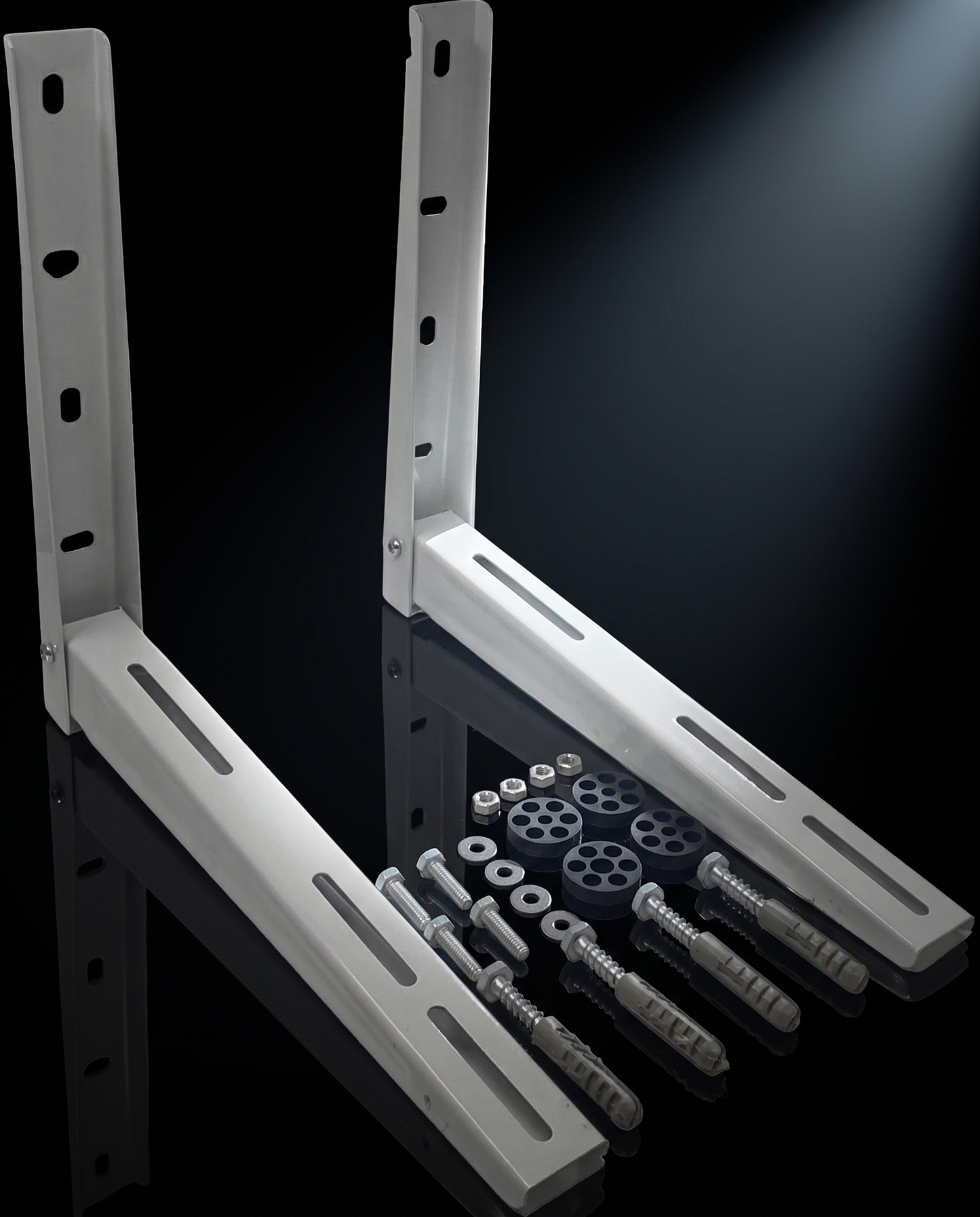 Two white metal wall mounting brackets with included wall anchors and screws, displayed on a reflective black background.