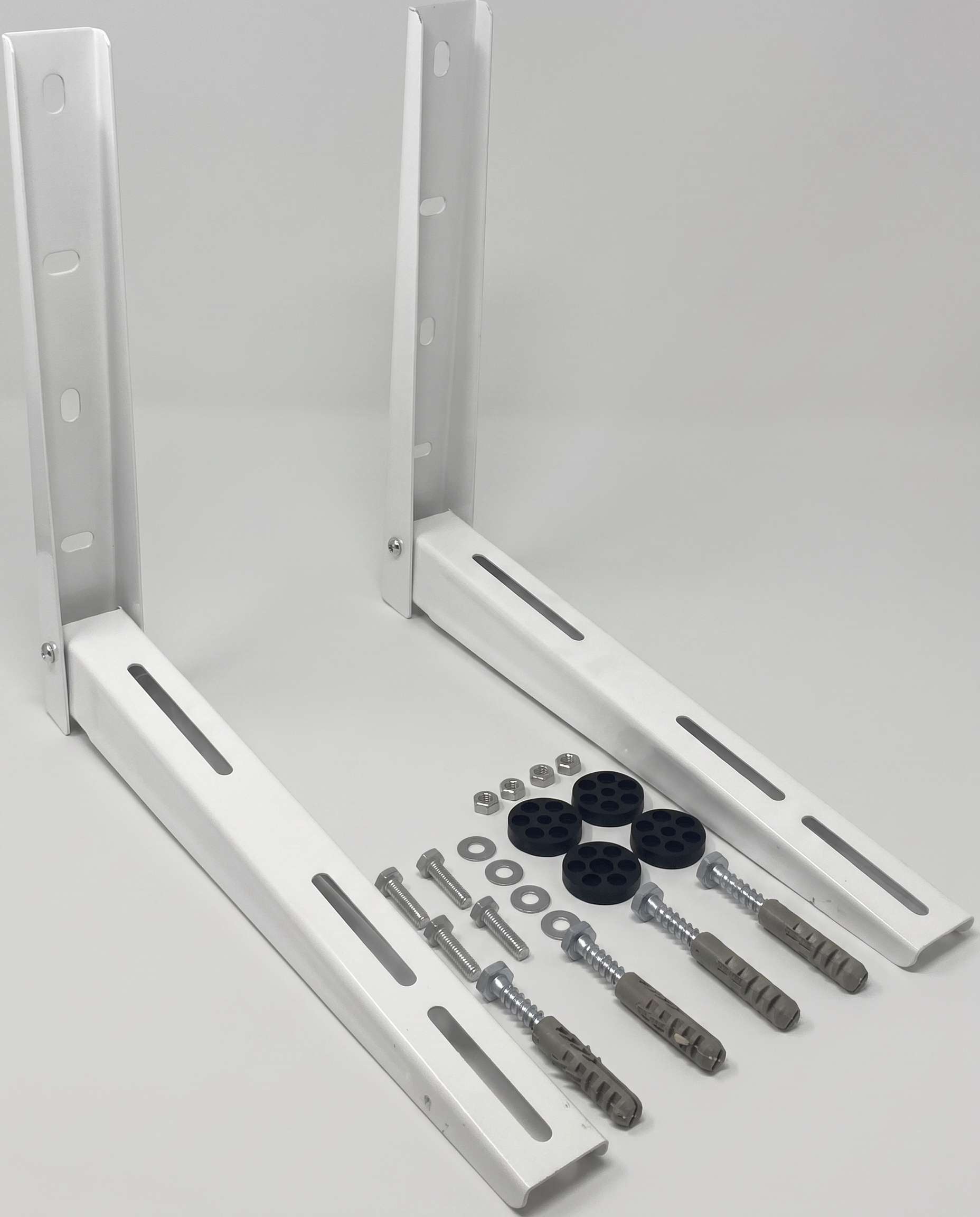 Two white metal mounting brackets with included wall anchors, screws, washers, and nuts on a light gray background.