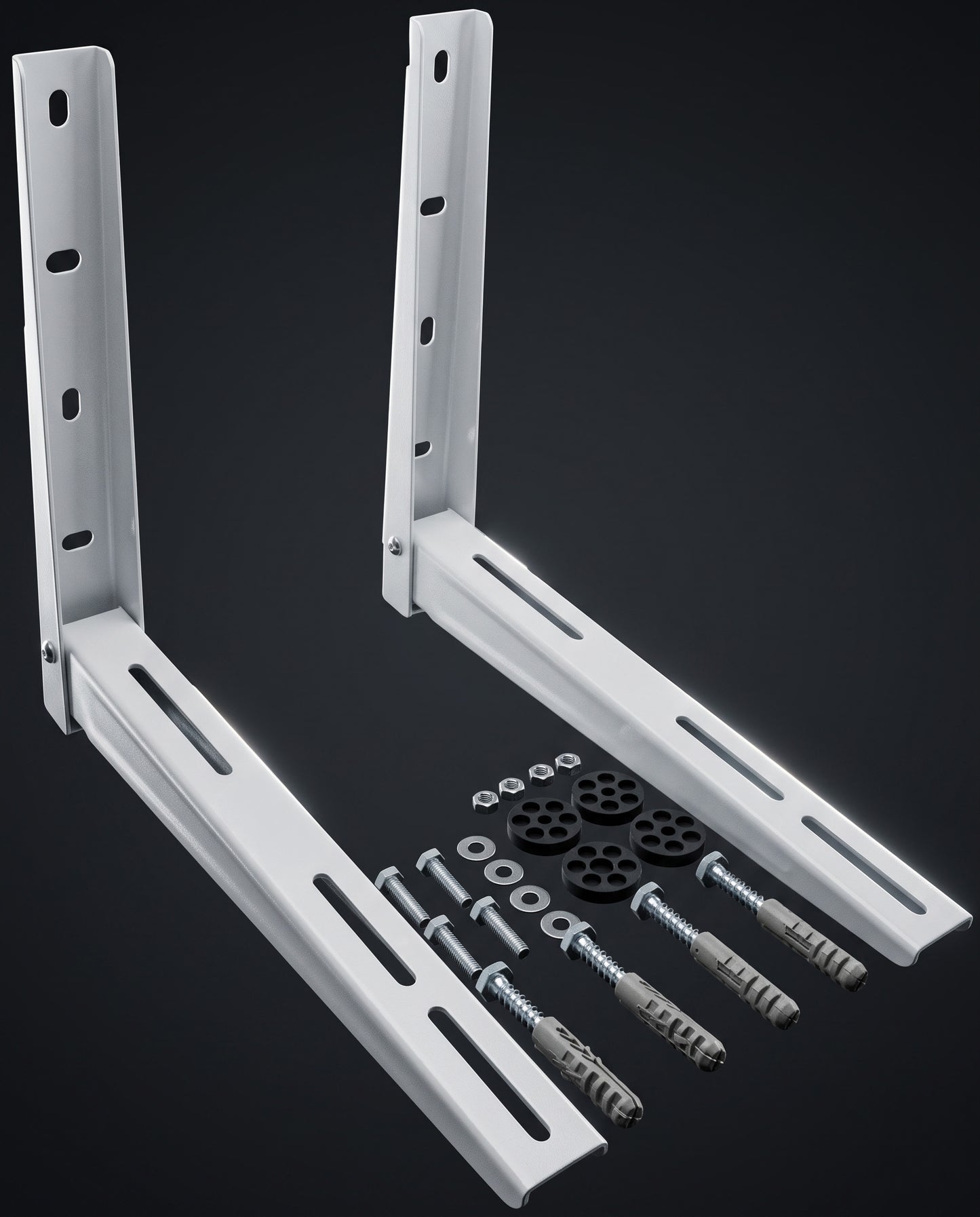 Two white metal wall mounting brackets shown on a dark studio background, with included wall anchors, screws, and washers arranged below them.