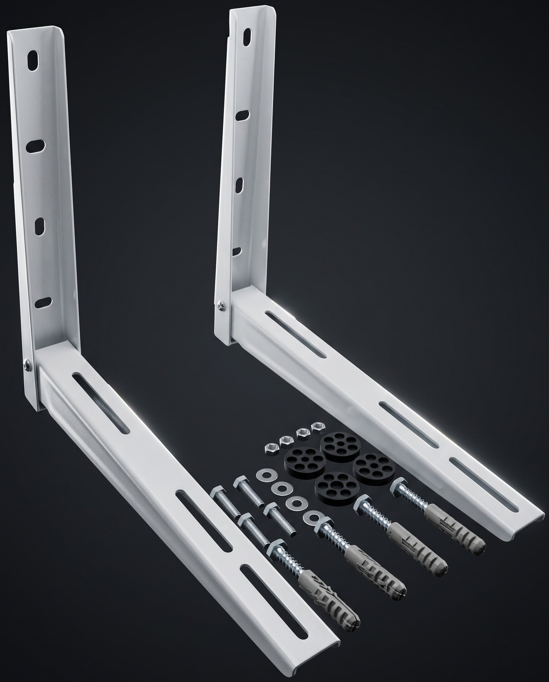 Two white metal wall mounting brackets shown on a dark studio background, with included wall anchors, screws, and washers arranged below them.