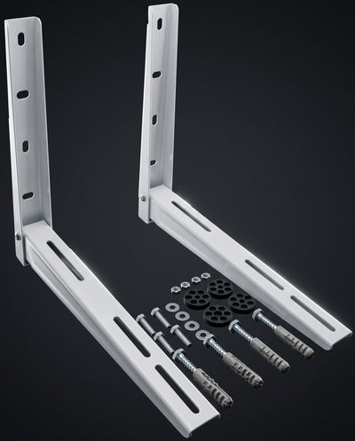 Two white metal wall mounting brackets shown on a dark studio background, with included wall anchors, screws, and washers arranged below them.