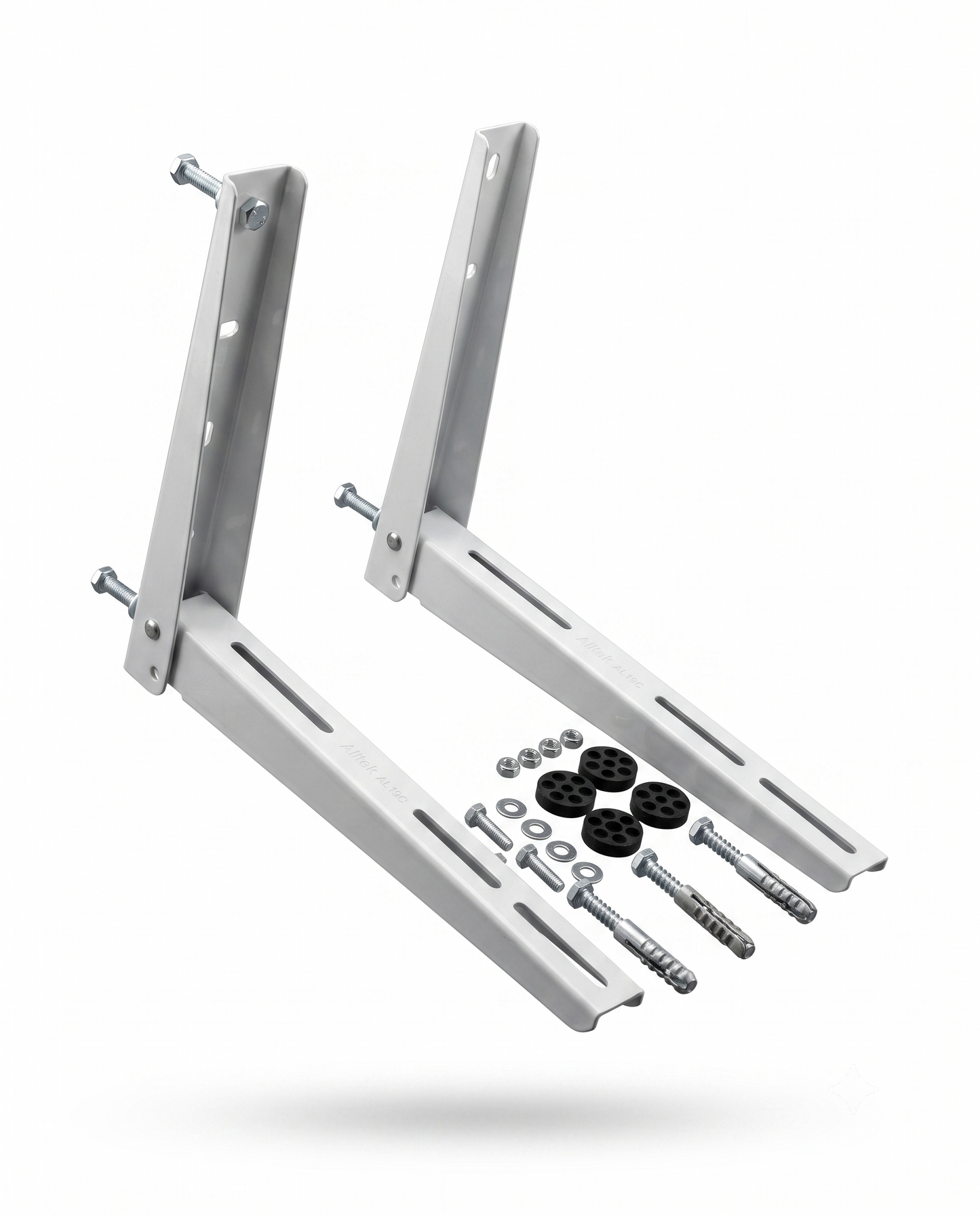 Two white metal mounting brackets with included screws, washers, and black rubber feet, shown on a clean white background.