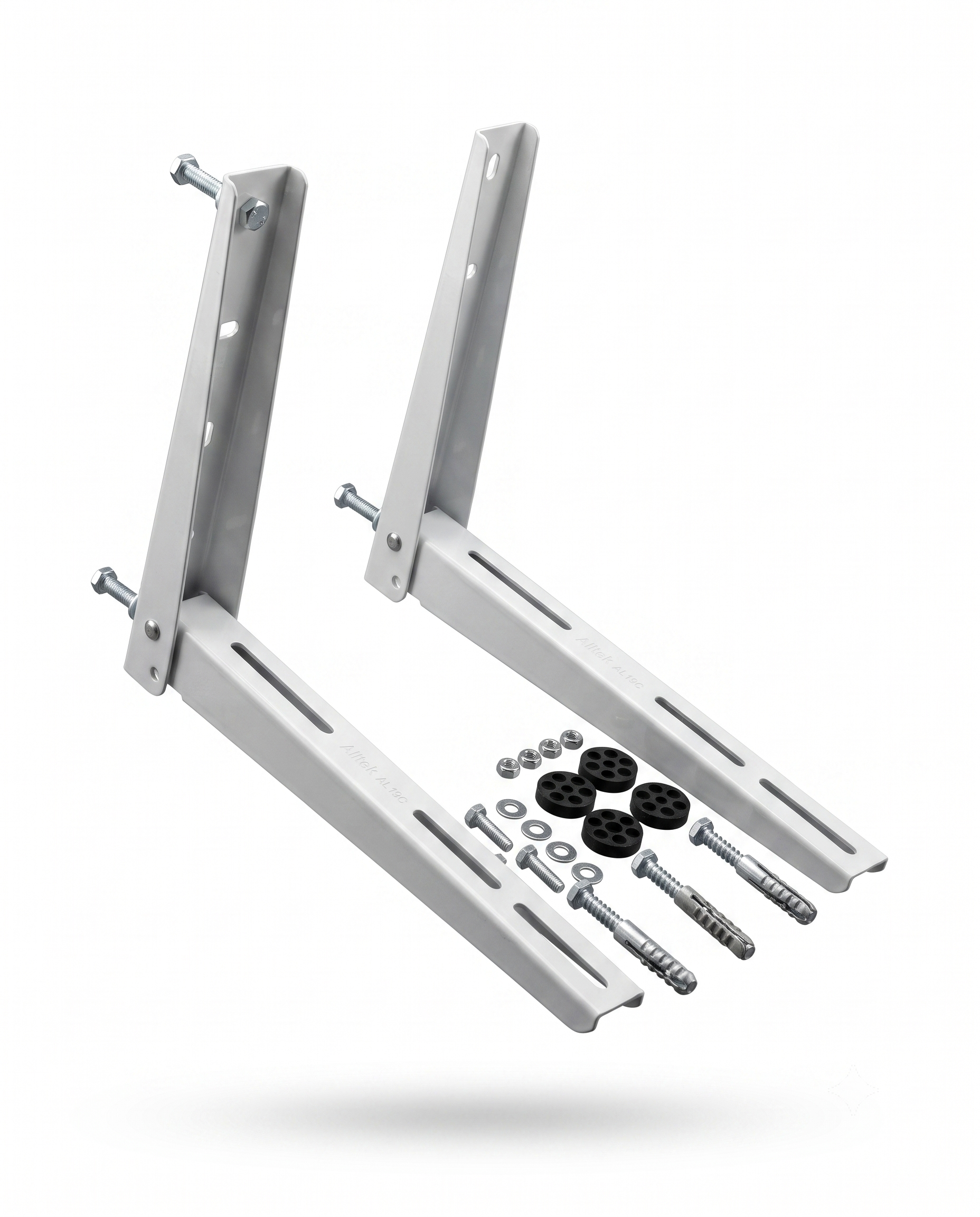 Two white metal mounting brackets with included screws, washers, and black rubber feet, shown on a clean white background.