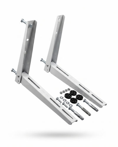 Two white metal mounting brackets with included screws, washers, and black rubber feet, shown on a clean white background.