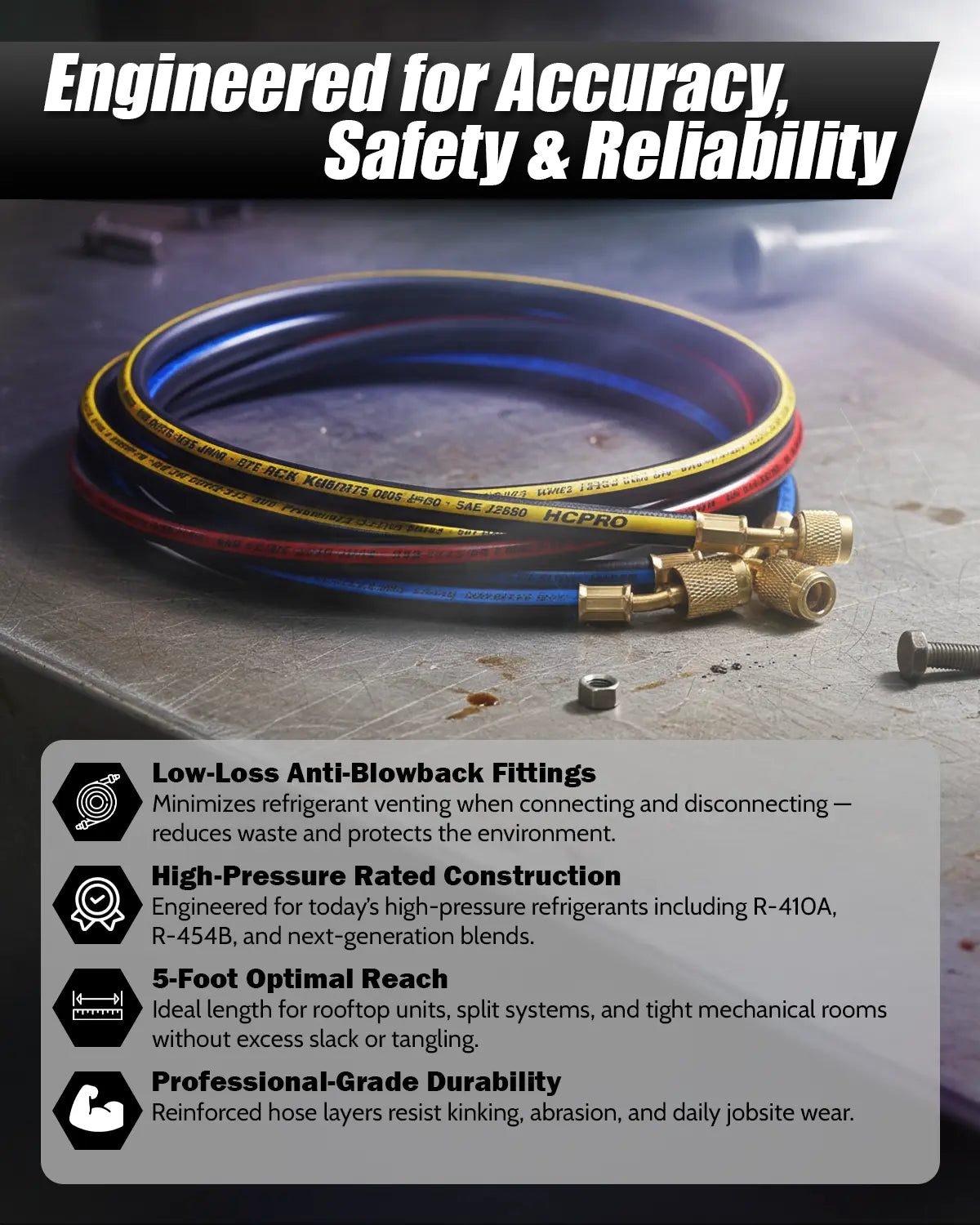 HCPRO PH5BKAB 1/4" x 5 ft Anti-Blowback Charging Hose Set – 3 Hoses, Low-Loss Fittings — view 3