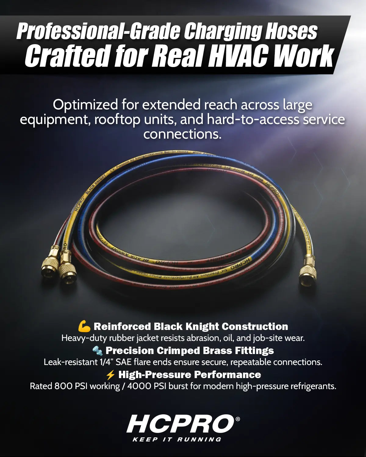 HCPRO PH5BK 1/4" x 5 ft HVAC Charging Hose Set – 3 Hoses, Color-Coded, 800 PSI — view 3
