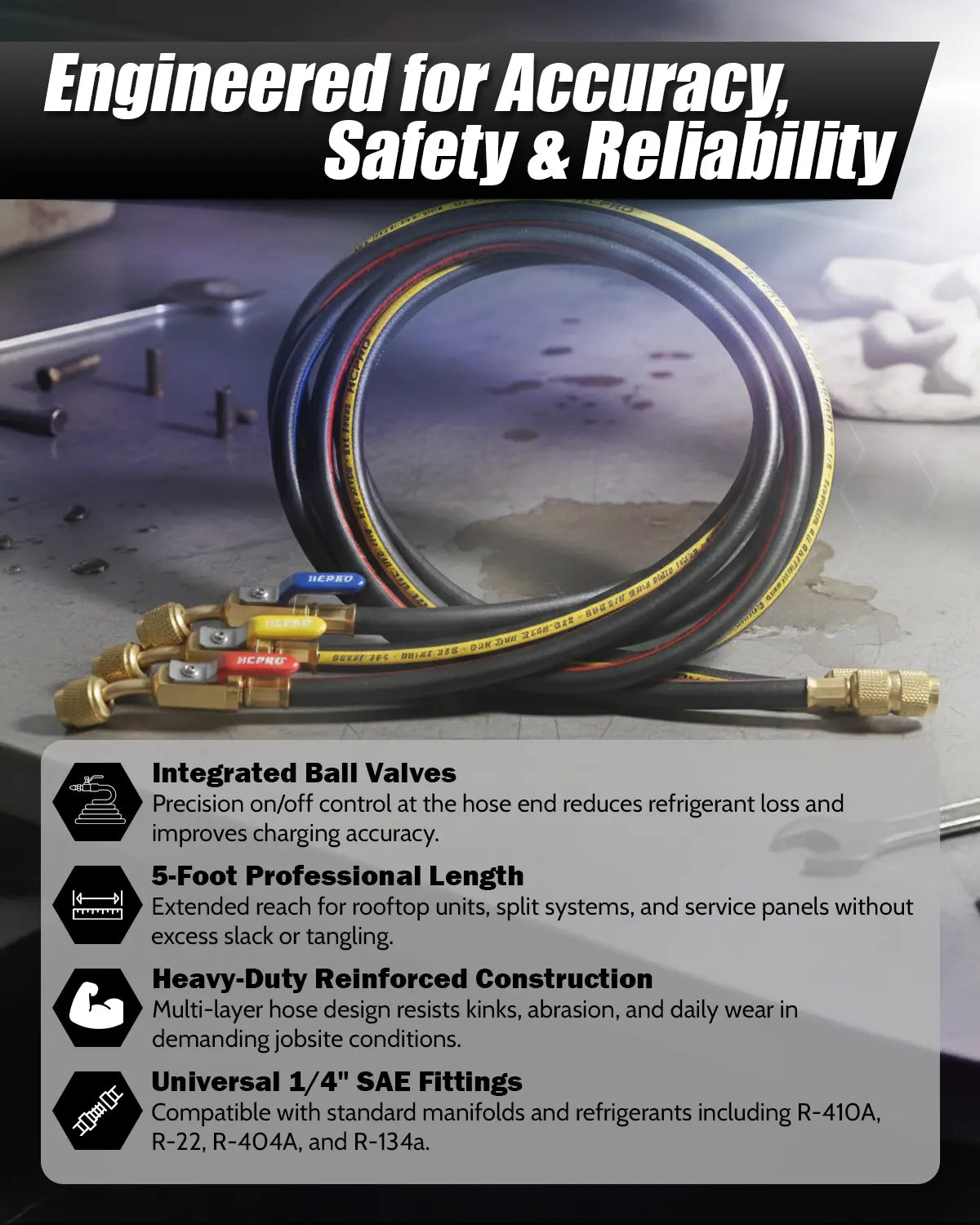 HCPRO PH5BKBV 1/4" x 5 ft Ball-Valve Charging Hose Set – 3 Hoses, Quarter-Turn Shutoff — view 3