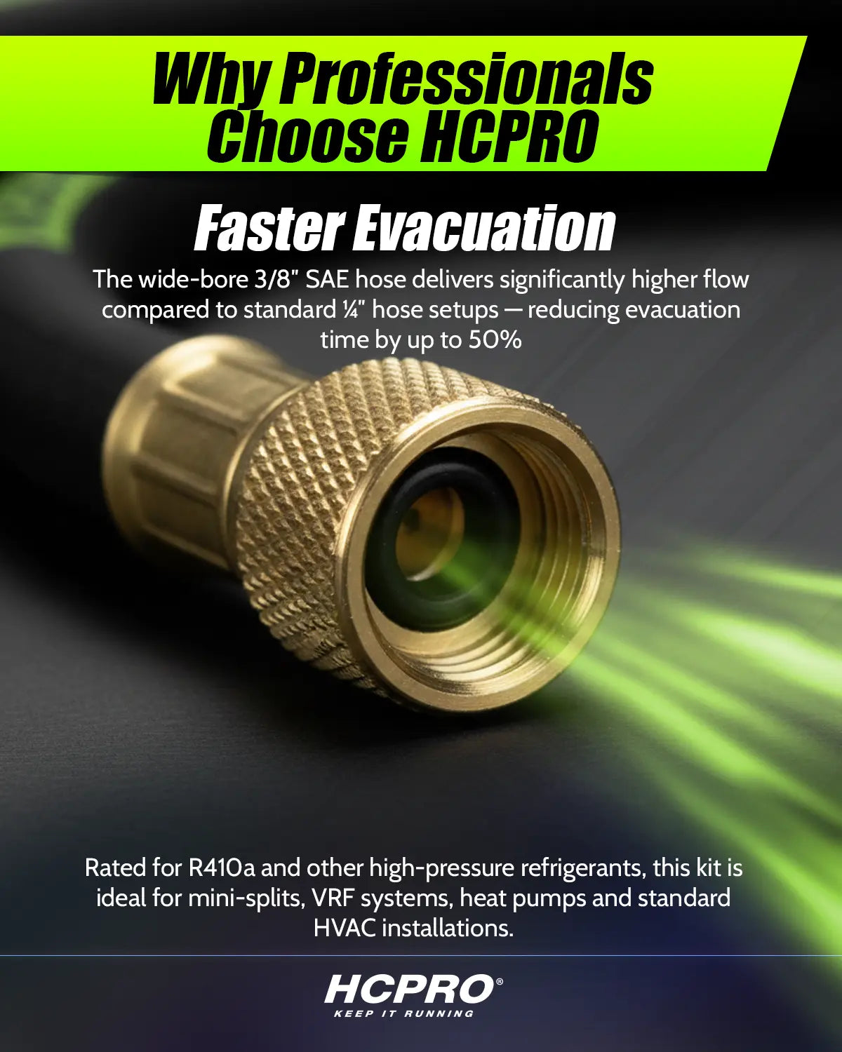 HCPRO HCQFH38 Dual Force 3/8" SAE Evacuation & Charging Hose – 6 ft, R410A Rated, 800 PSI — view 2