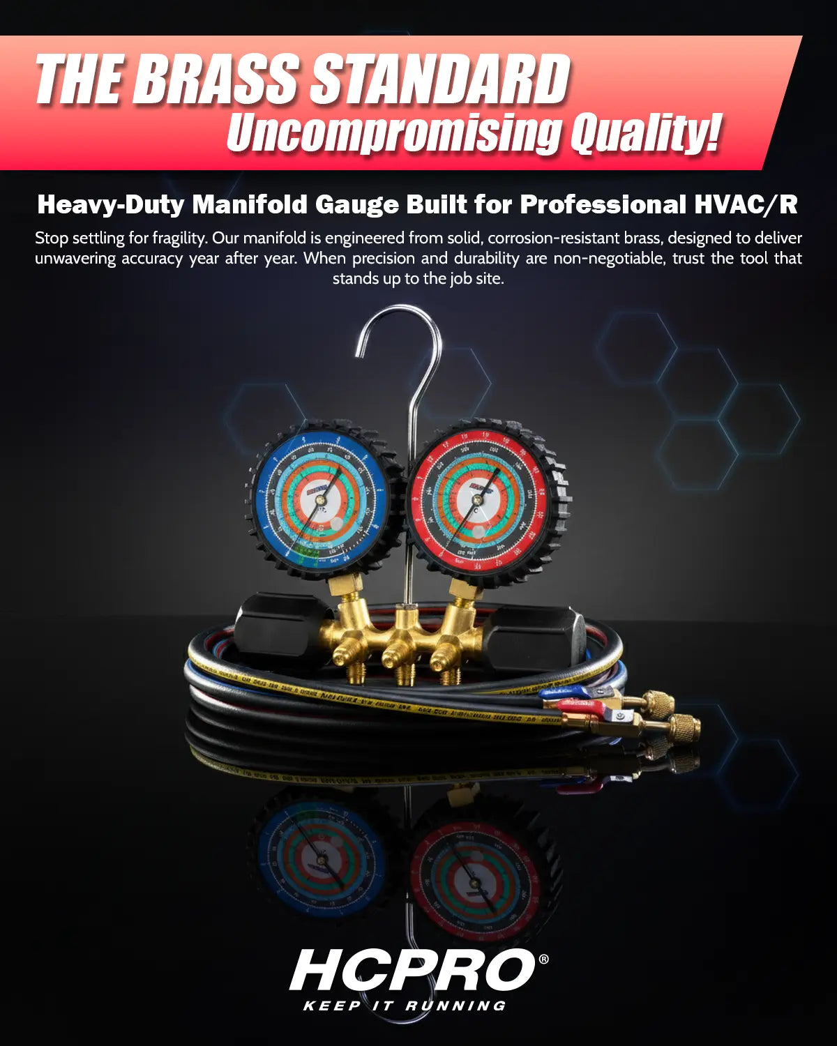 HCPRO HC-2V5C5AB Refrigeration Manifold – R134a/R404A/R407C/R507, Anti-Blowback Hoses — view 2