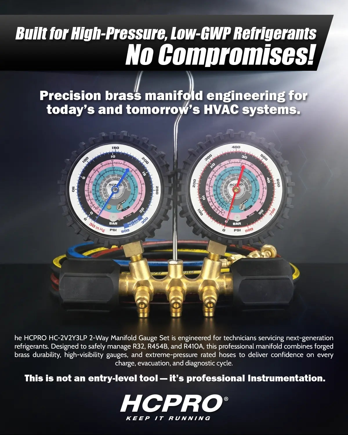 HCPRO HC2V3LY3BK A2L Dual-Piston Manifold – R32/R410A/R454B, 80 mm °F/°C Gauges, 3 ft Hoses — view 2