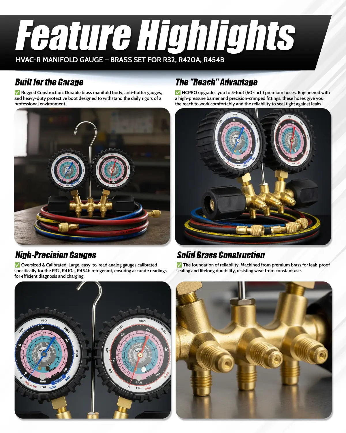 HCPRO HC2V3LY3BK A2L Dual-Piston Manifold – R32/R410A/R454B, 80 mm °F/°C Gauges, 3 ft Hoses — view 4