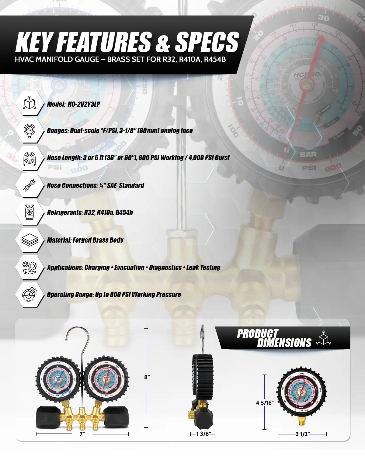 HCPRO HC2V3LY3BK A2L Dual-Piston Manifold – R32/R410A/R454B, 80 mm °F/°C Gauges, 3 ft Hoses — view 5
