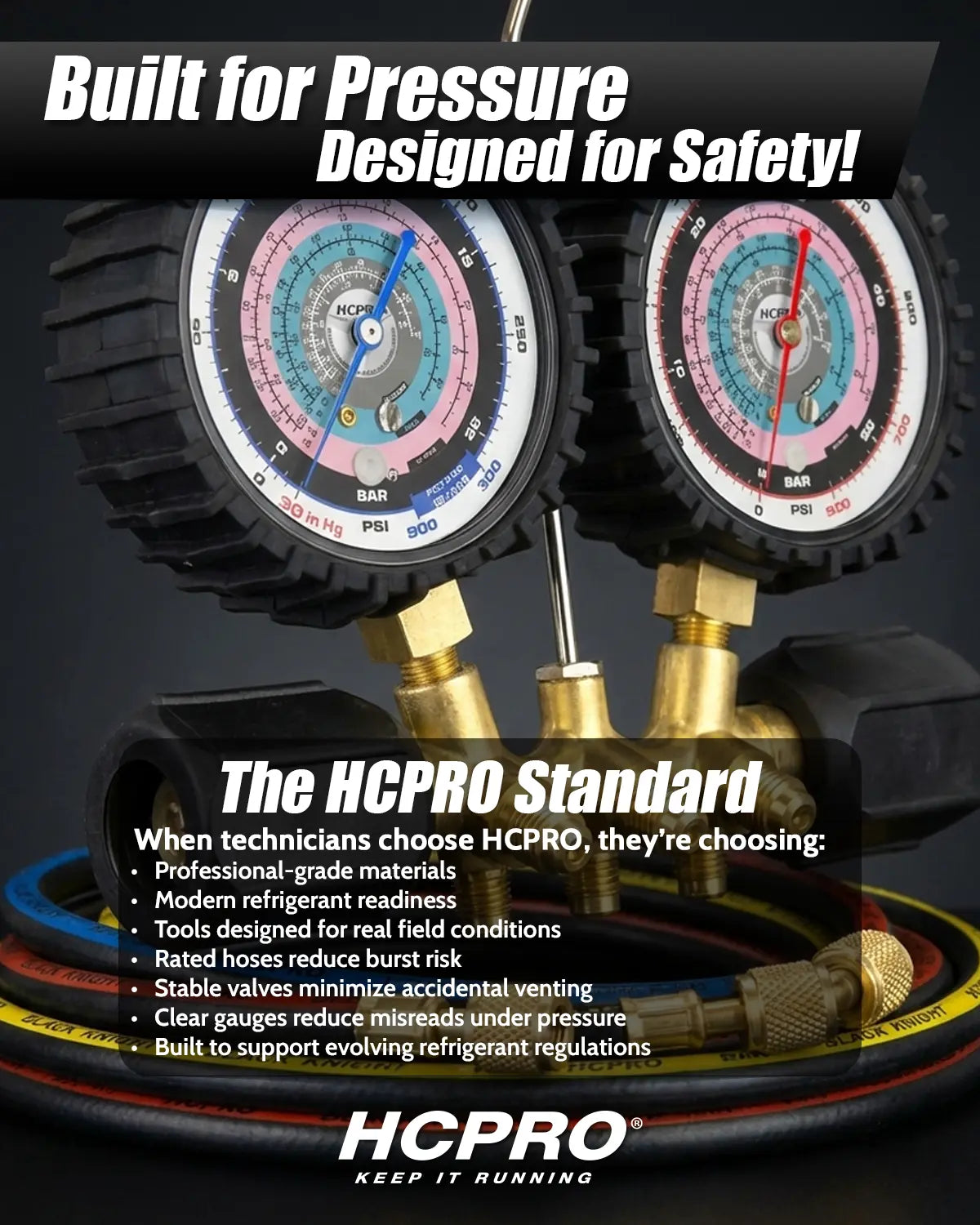 HCPRO HC2V3LY3BK A2L Dual-Piston Manifold – R32/R410A/R454B, 80 mm °F/°C Gauges, 3 ft Hoses — view 8