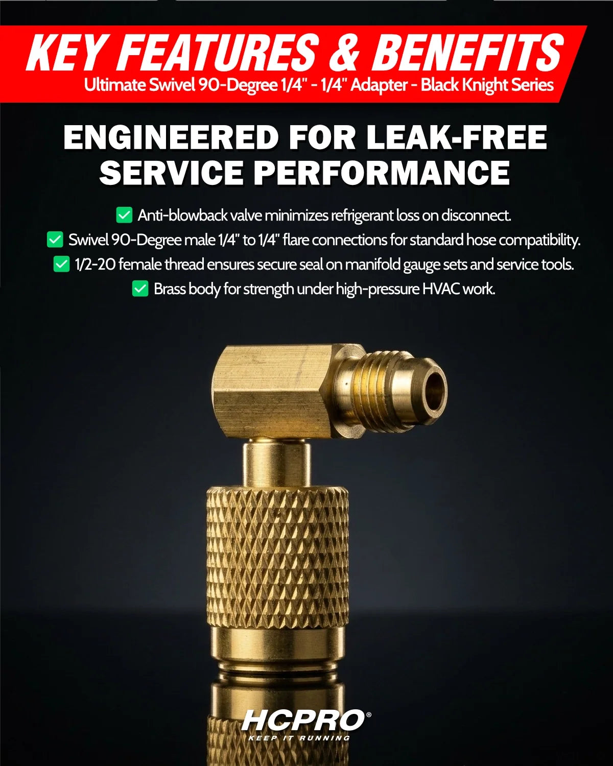 Gold adapter with text highlighting features and benefits on a black background