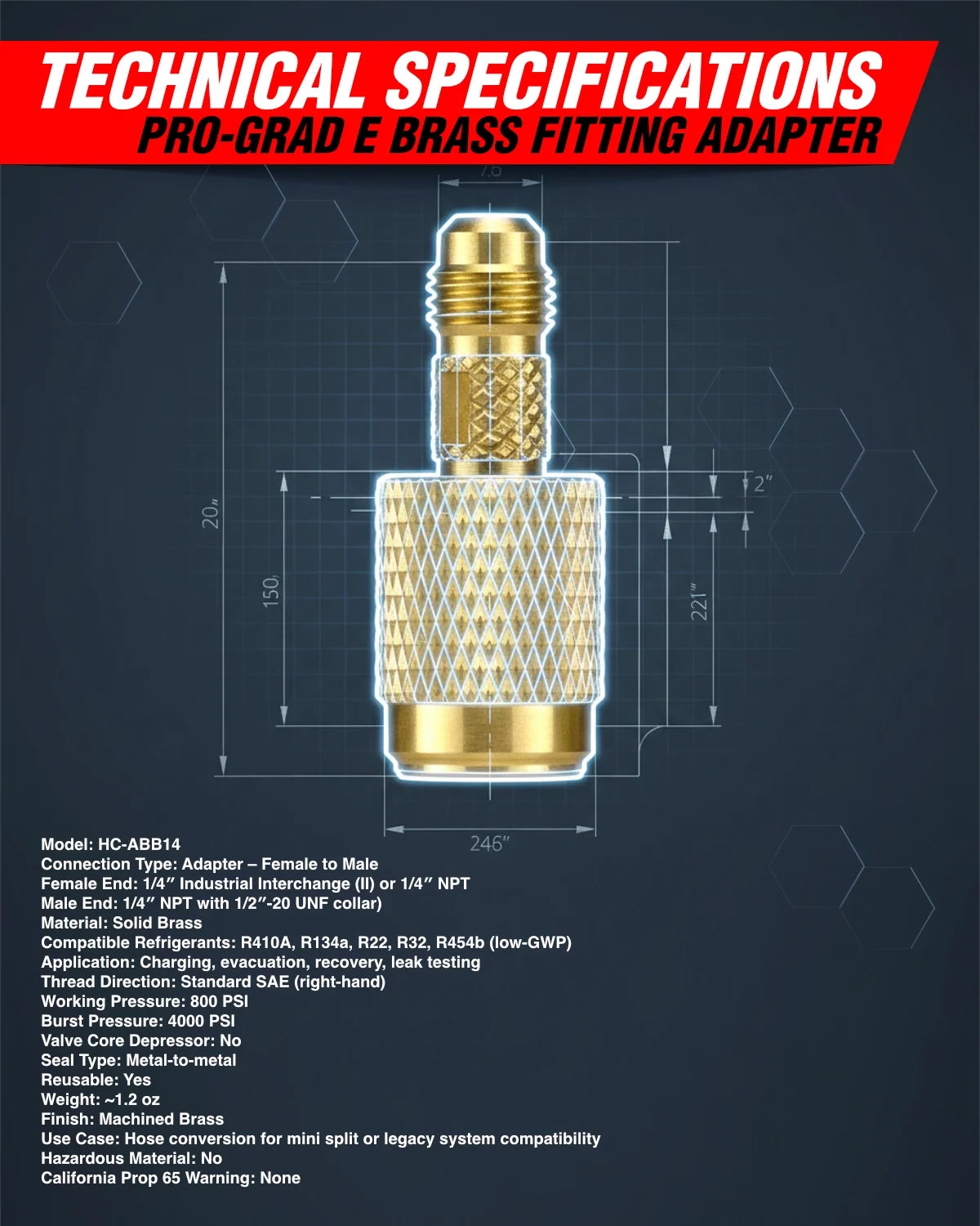 HCPRO HCABB14 Straight Anti-Blowback Adapter – 1/4" SAE x 1/4" SAE Male, Brass — view 5