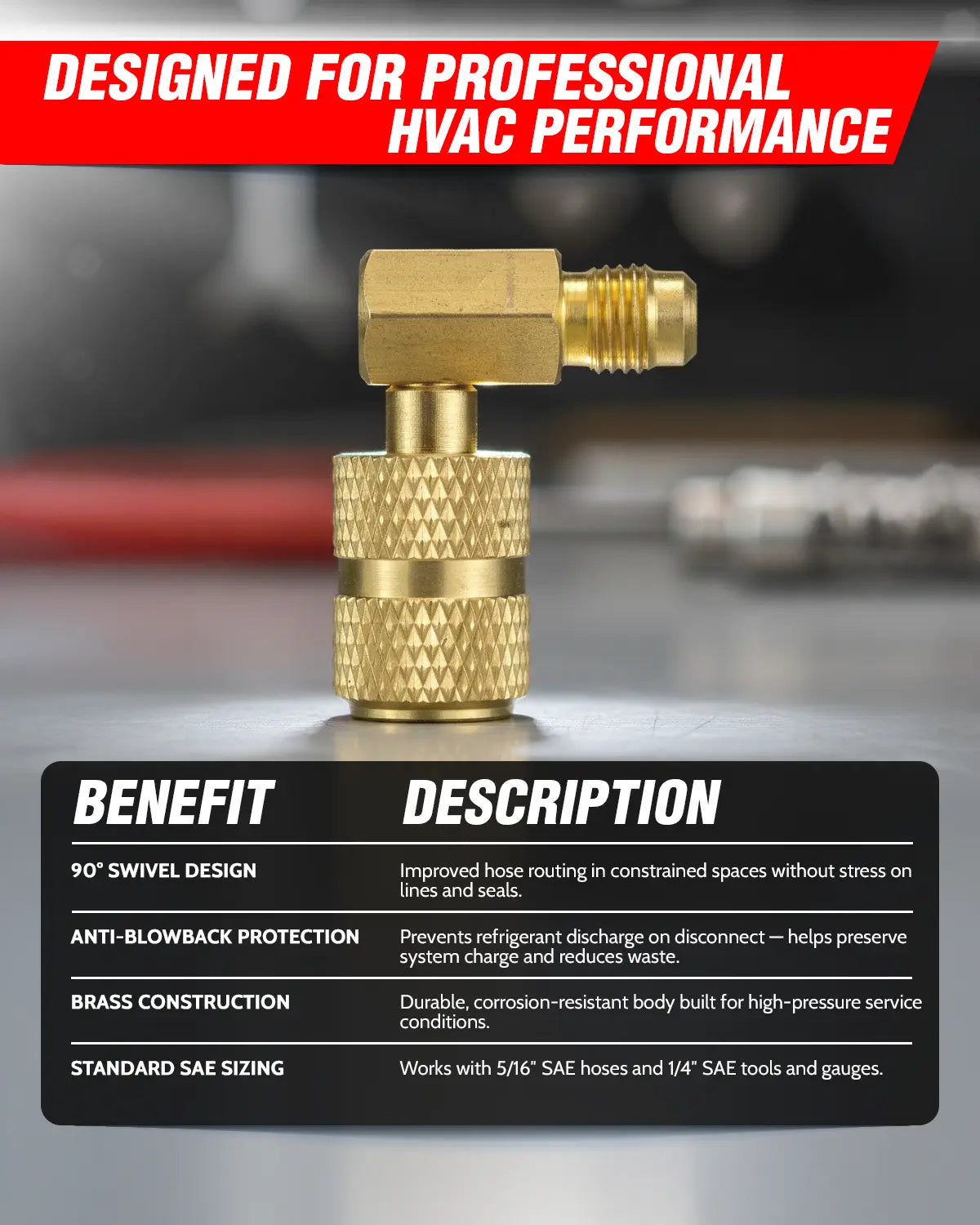 HCPRO HCABB516 90° Anti-Blowback Swivel Adapter – 5/16" x 1/4" SAE, R410A — view 3