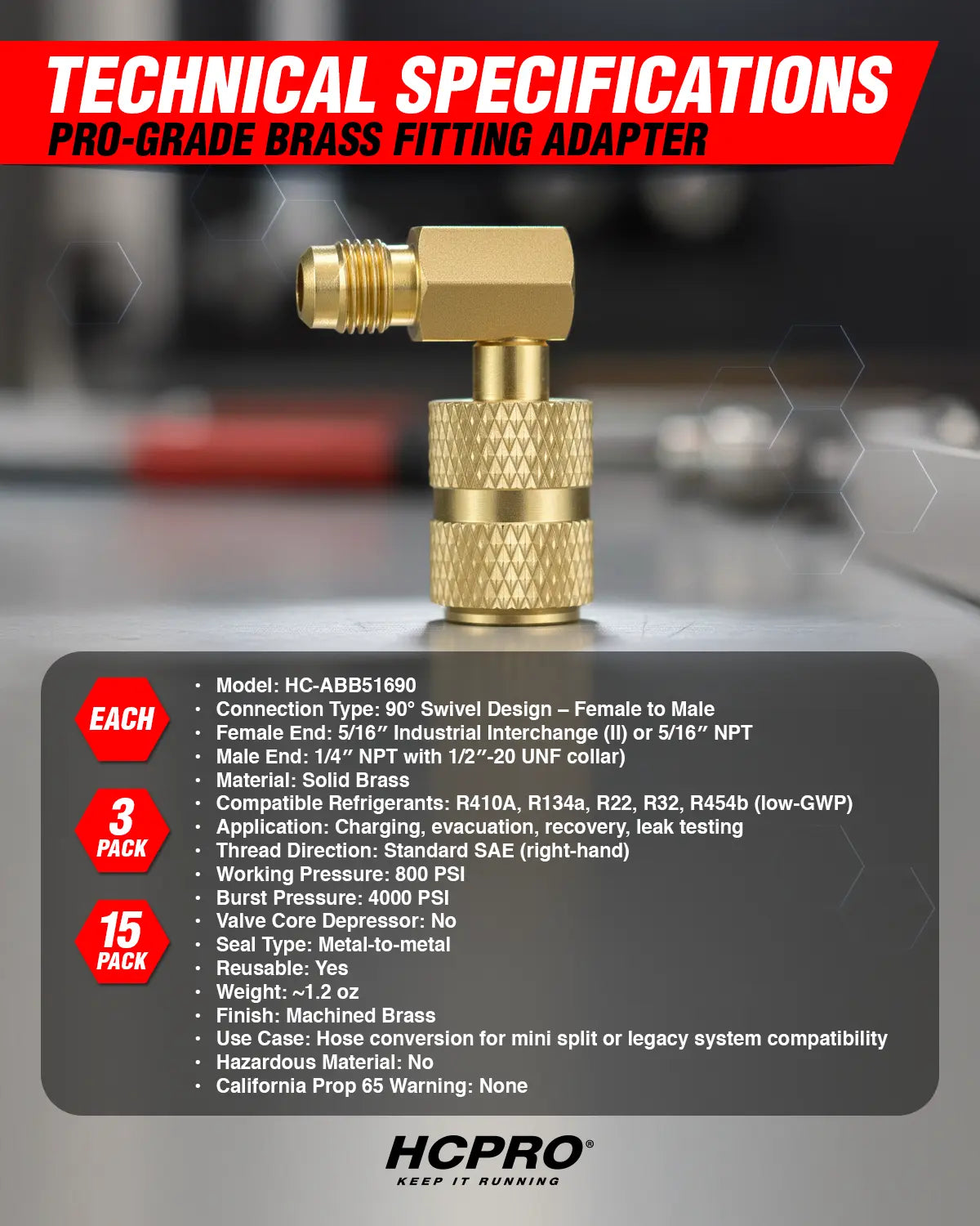 HCPRO HCABB516 90° Anti-Blowback Swivel Adapter – 5/16" x 1/4" SAE, R410A — view 4