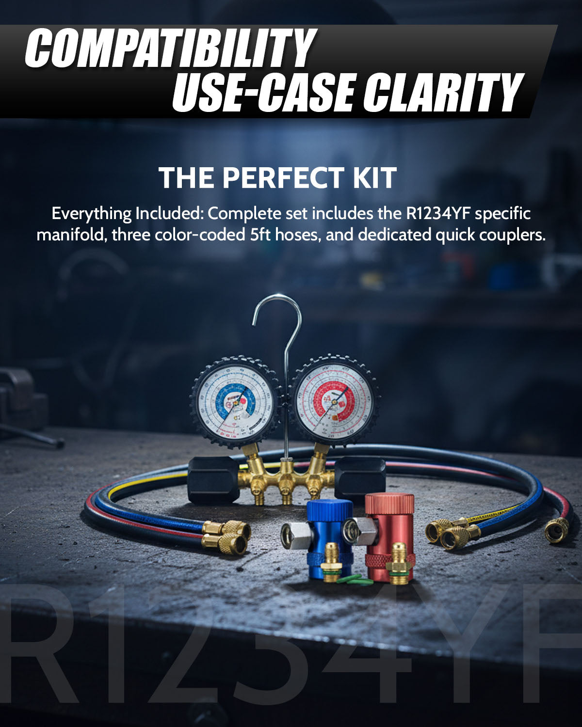 HCPRO HC-BK2V2YF5 R1234YF A/C Manifold Set – 80 mm Gauges, 5 ft Hoses, Quick Couplers — view 3
