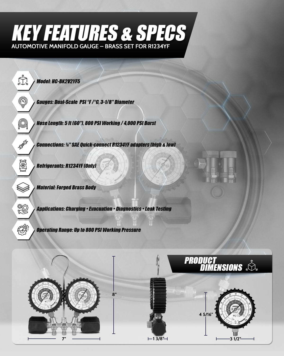 HCPRO HC-BK2V2YF5 R1234YF A/C Manifold Set – 80 mm Gauges, 5 ft Hoses, Quick Couplers — view 5
