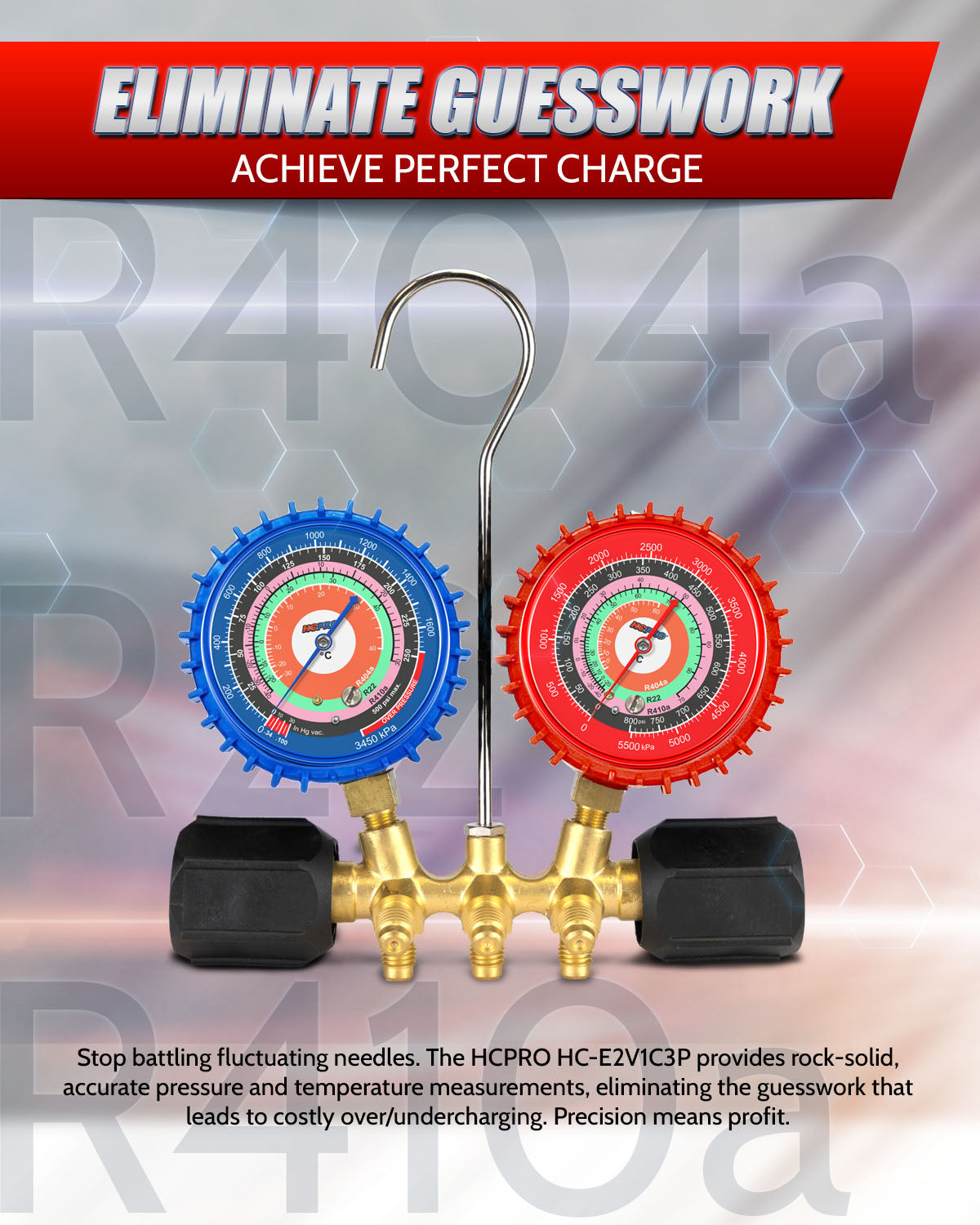 Two pressure gauges with a red and blue design on a blurred background with text about precision measurements.