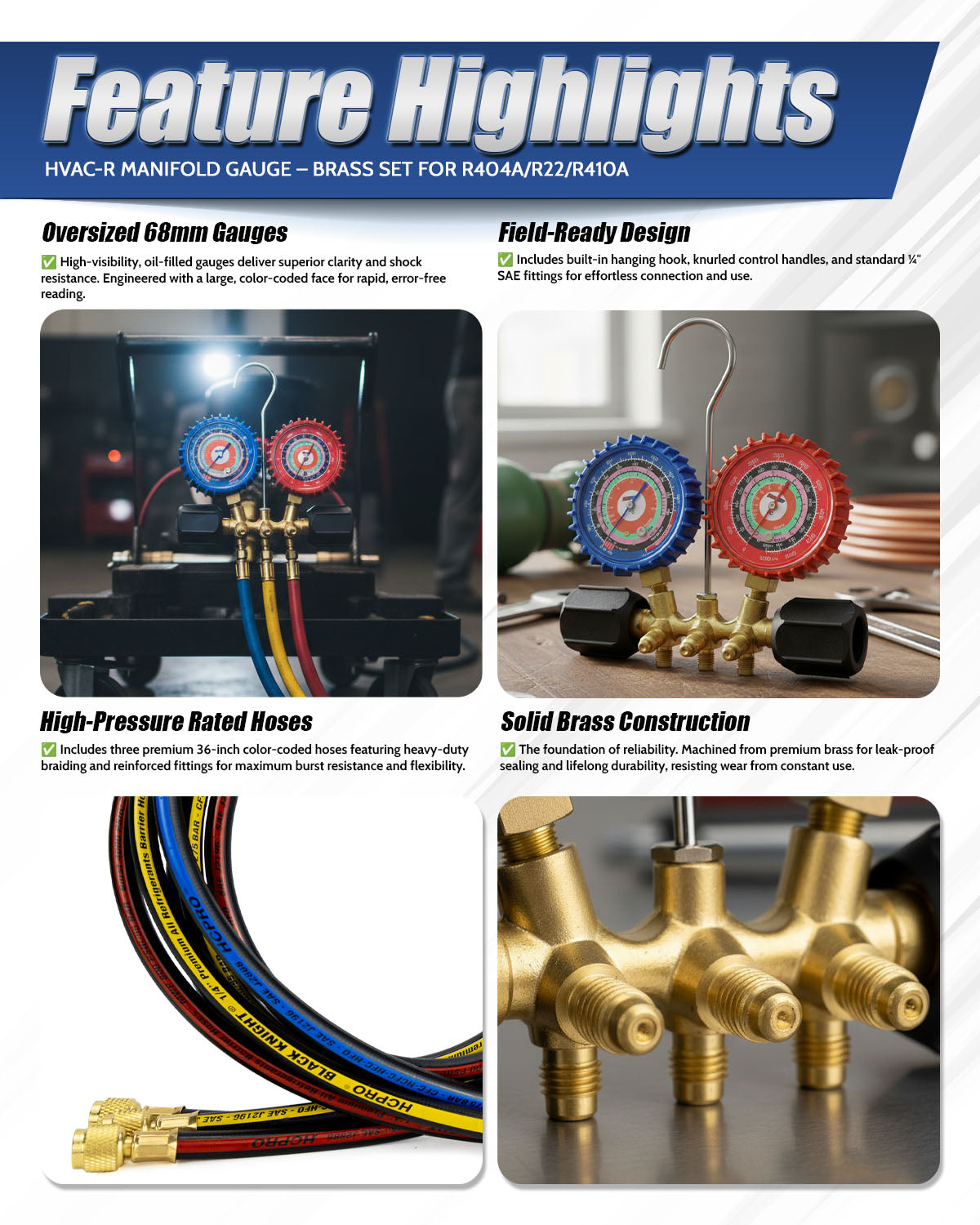 HVAC-R manifold gauge brass set with features highlighted on a white background