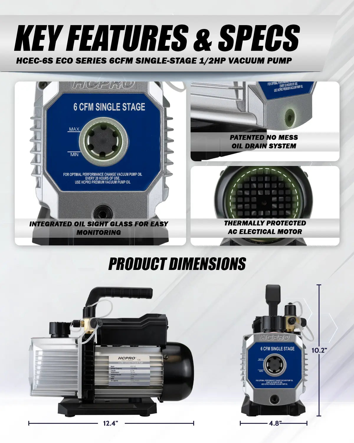 HCPRO HCEC-6S 6 CFM Single-Stage Vacuum Pump – 1/2 HP, 115V, 75 Micron — view 4