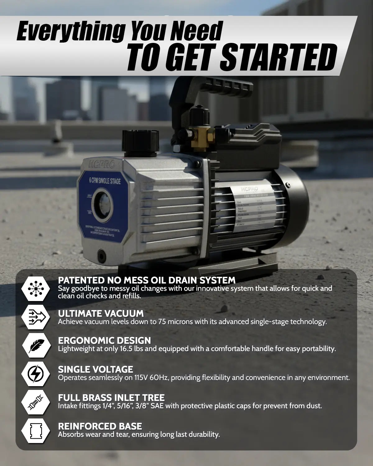 HCPRO HCEC-6S 6 CFM Single-Stage Vacuum Pump – 1/2 HP, 115V, 75 Micron — view 9