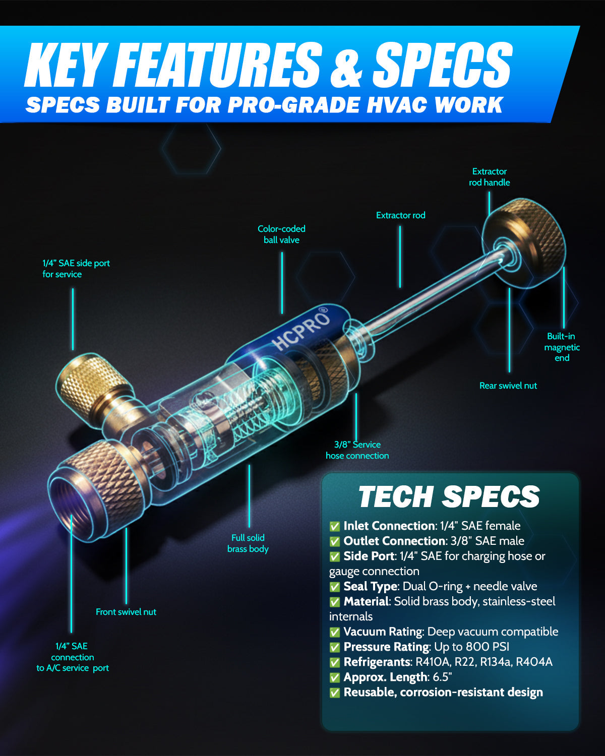 HCPRO HCEVCK14 Vacuum-Rated Valve Core Removal Tool – 1/4" F x 3/8" M, Side Port — view 4