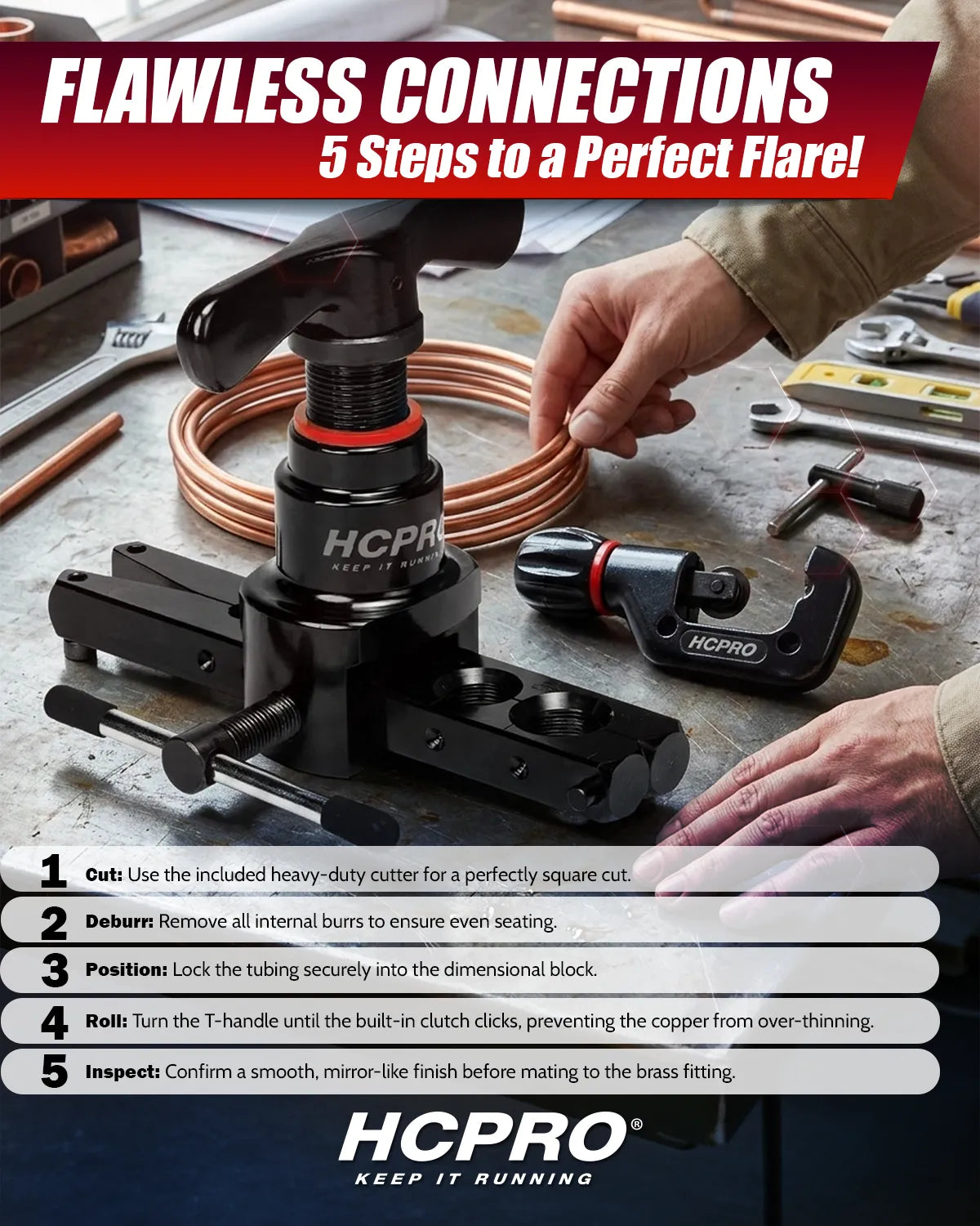 HCPRO HCFTK45 Eccentric Flaring & Tube Cutter Kit – 45° Clutch Flaring Tool, 1/4" to 3/4" — view 5