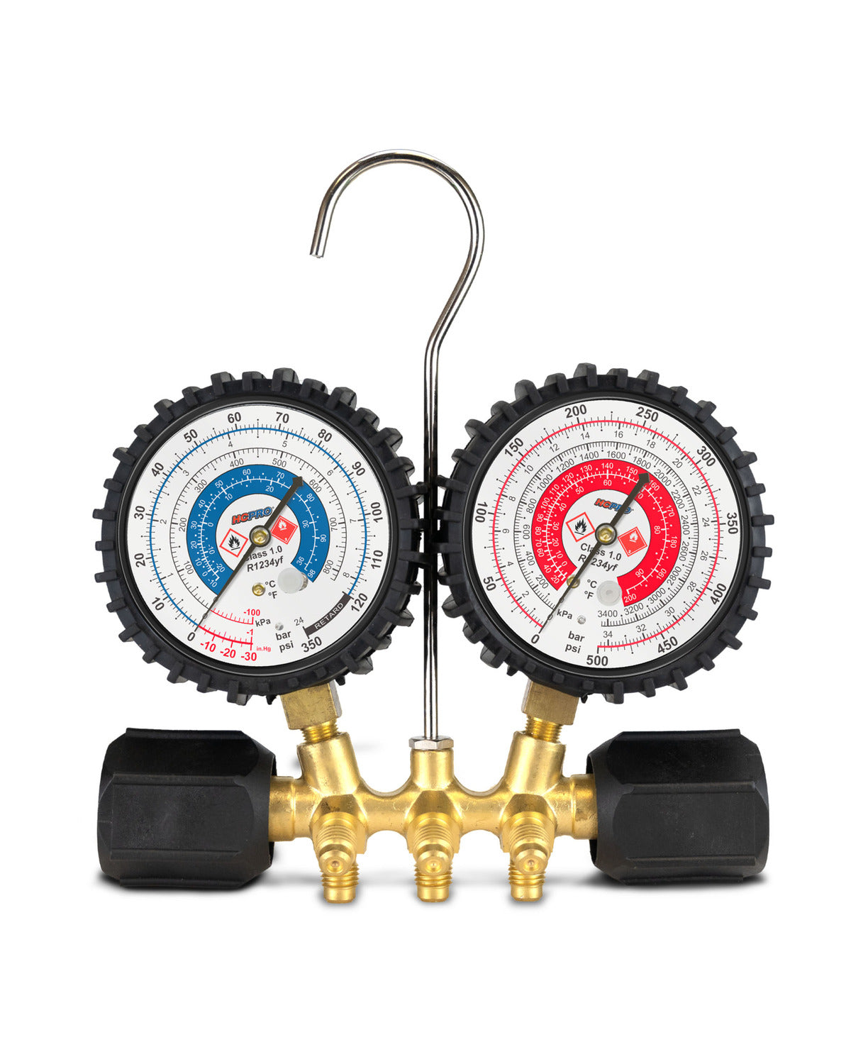 HCPRO HC-BK2V2YF5 R1234YF A/C Manifold Set – 80 mm Gauges, 5 ft Hoses, Quick Couplers