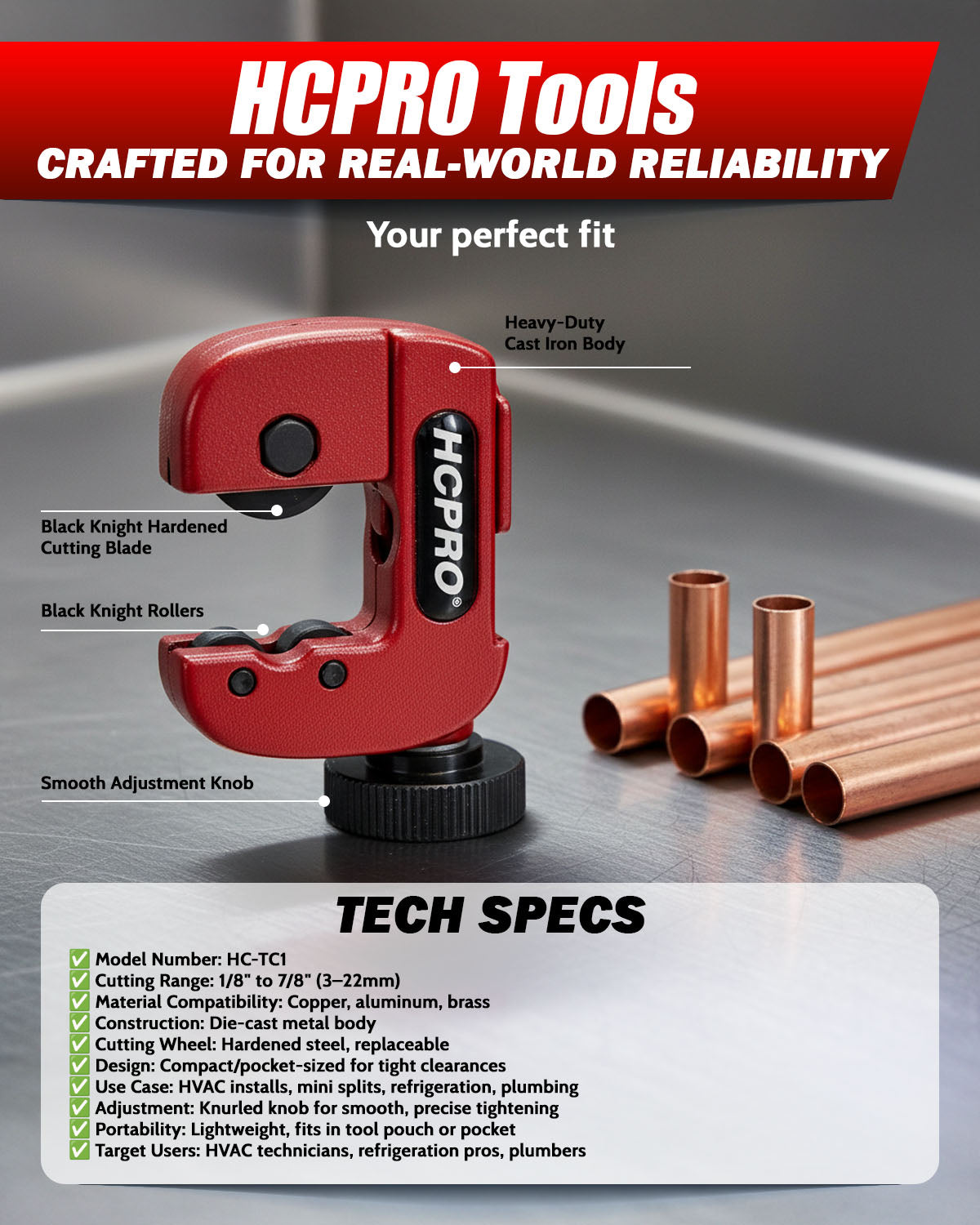 HC-TC1 Pocket Size Mini Tube Cutter 1/8" to 7/8" (3-22mm) Copper, Aluminum, Brass, and Plastic tubing Compact cutter image 2 — view 5
