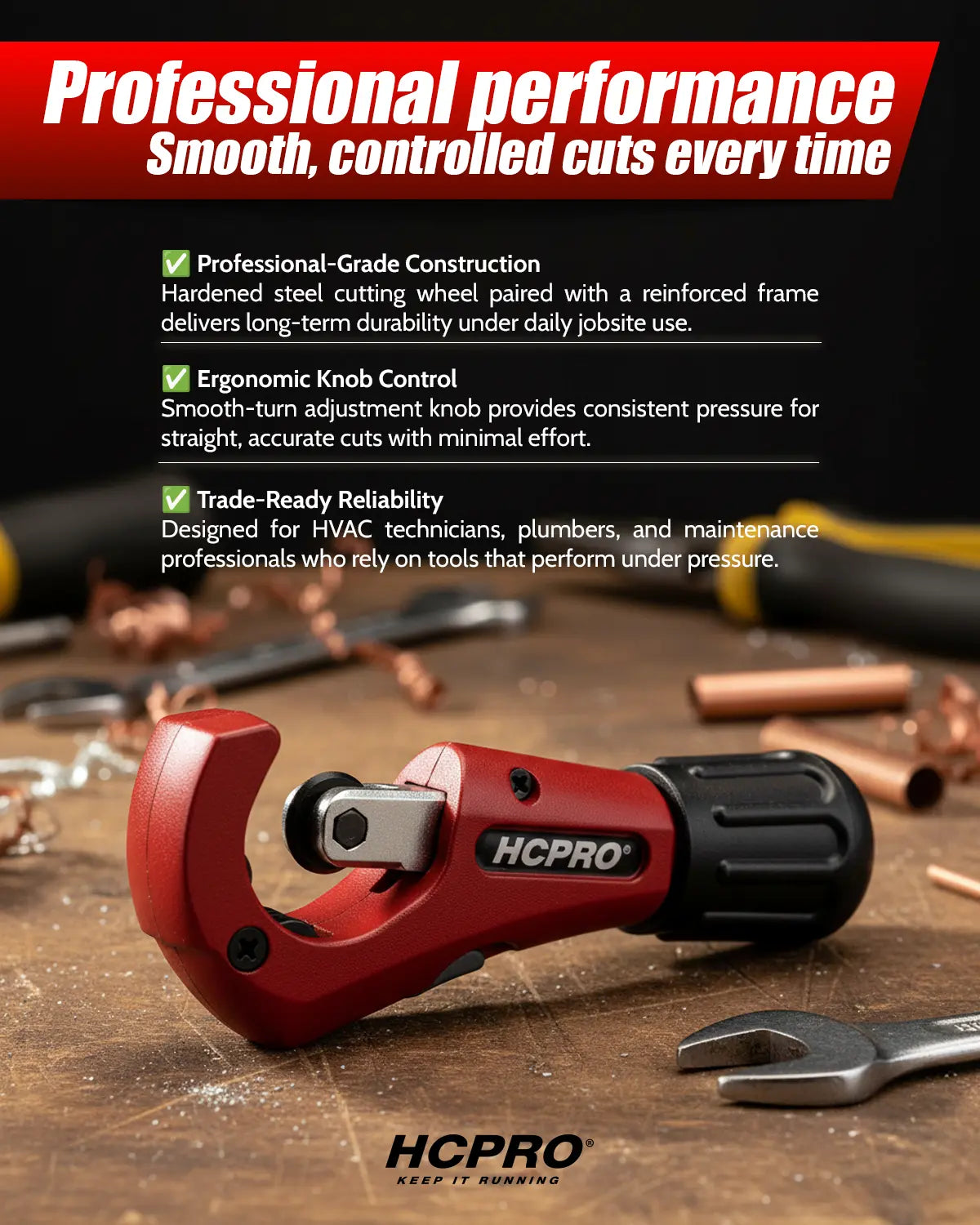 HC-TC3 Professional Tube Cutter 1/8" to 1-1/4" (3-32mm) 2 Roller Tracking System, Built in Reamer Tool, Accurate Cutting for HVAC and Plumbing image 1 — view 5