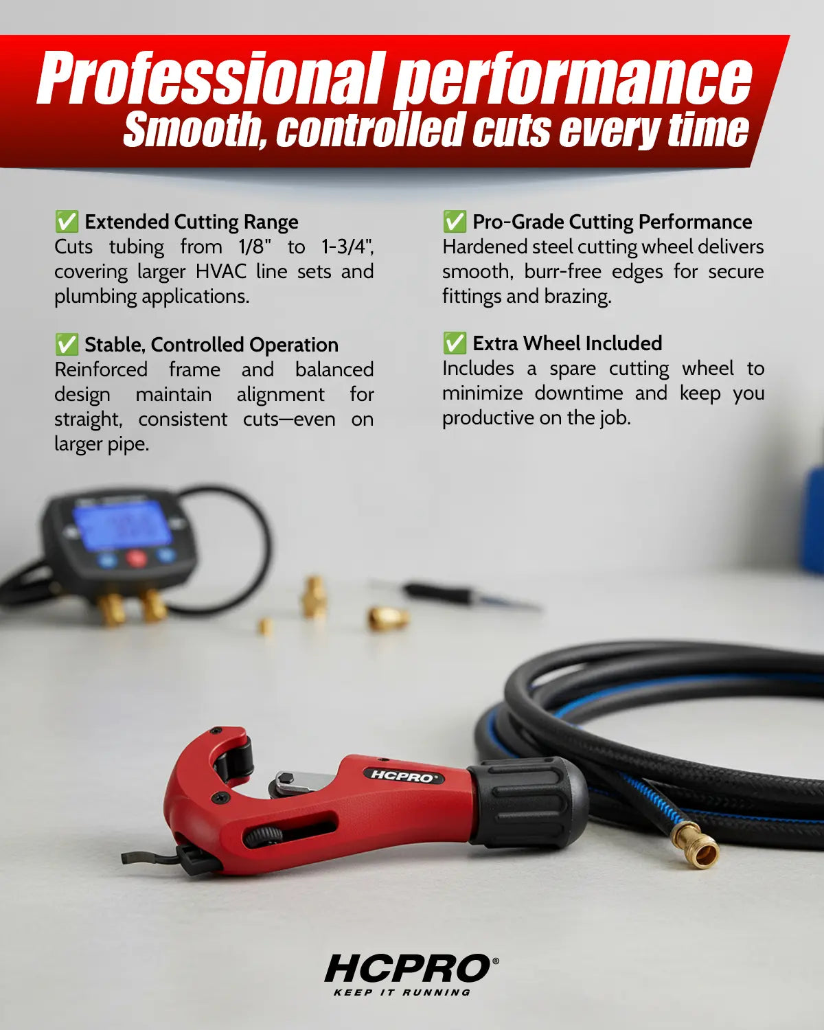 HC-TC4 Professional Tube Cutter 1/8" to 1-3/4" (3-45mm) 4 Roller Tracking System, De-burring Tool, Accurate Cutting for HVAC, Plumbing, Includes Extra Cutting Wheel image 1 — view 5