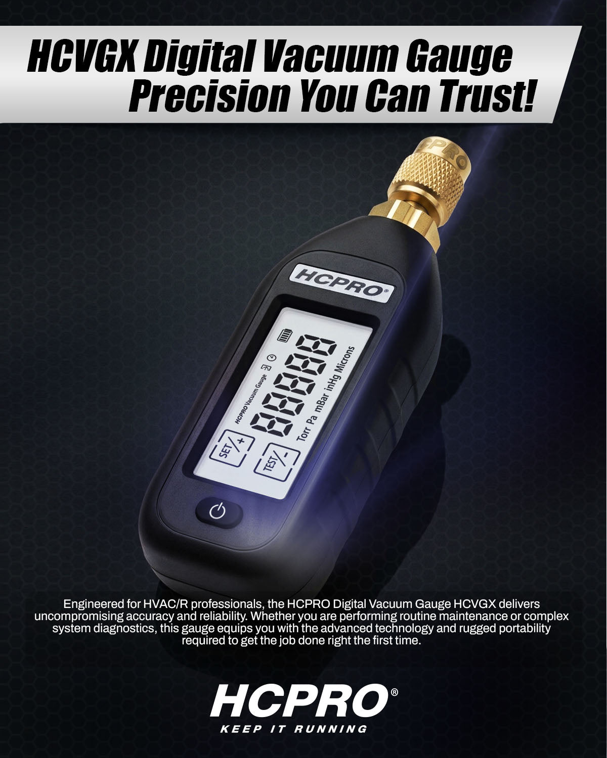 HCPRO HCVGX Digital Vacuum Gauge – Pirani Sensor, 5 Units, Custom Alarms — view 2