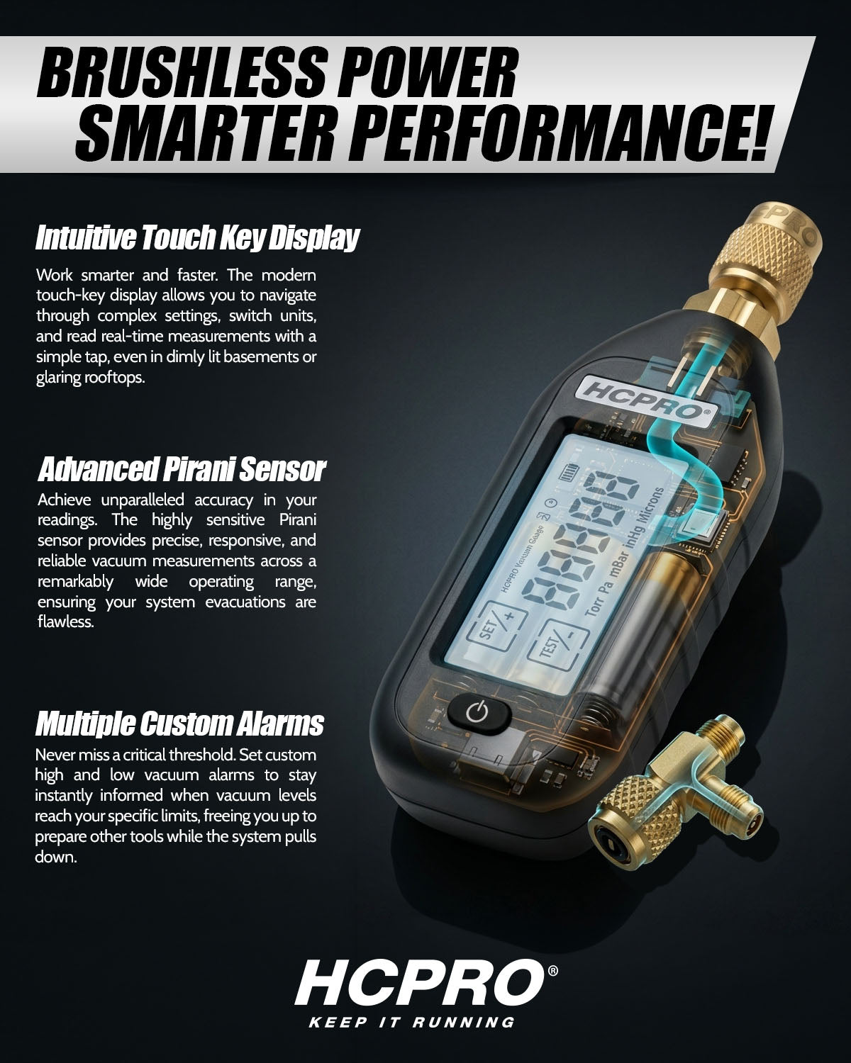 HCPRO HCVGX Digital Vacuum Gauge – Pirani Sensor, 5 Units, Custom Alarms — view 4