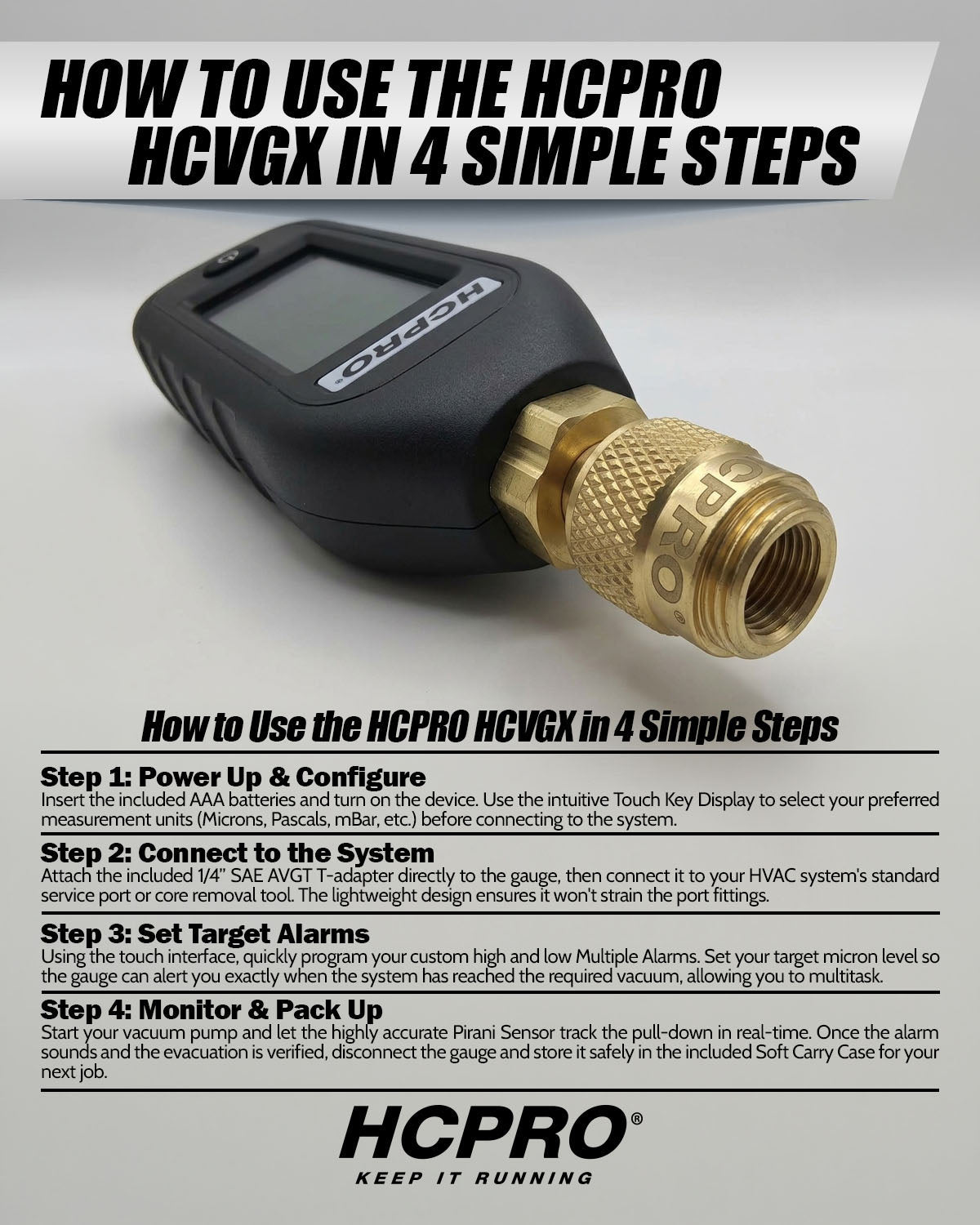HCPRO HCVGX Digital Vacuum Gauge – Pirani Sensor, 5 Units, Custom Alarms — view 8