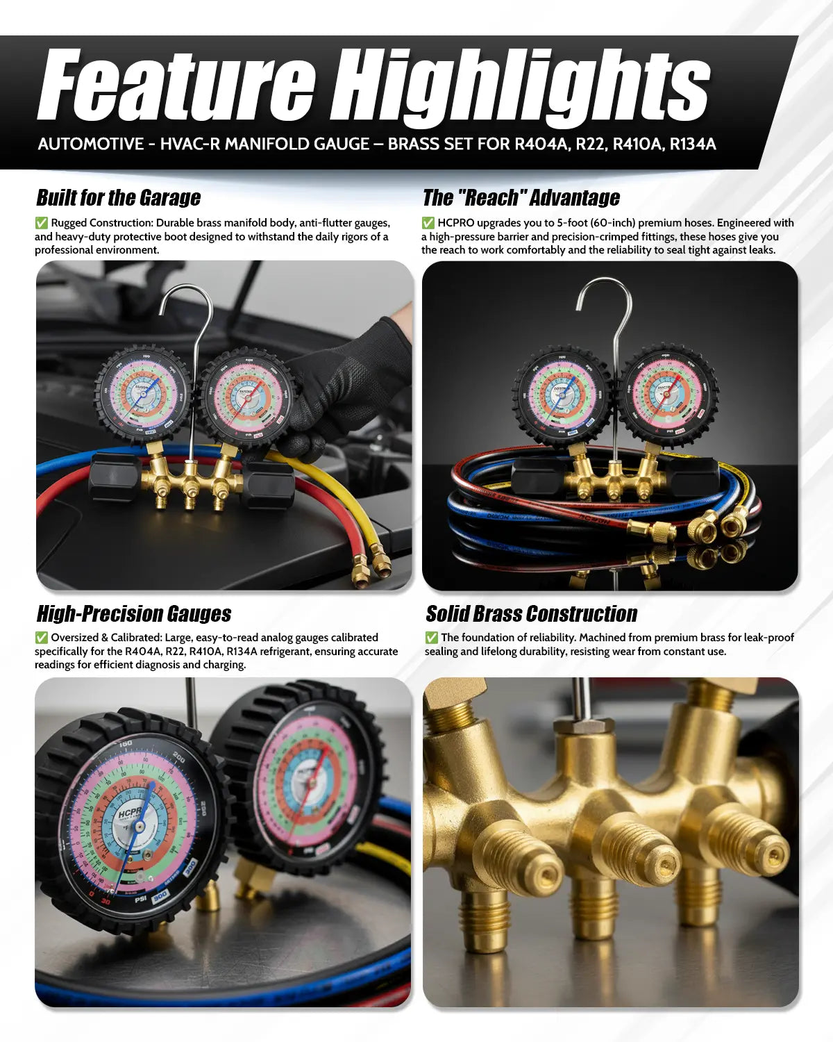 HCPRO HC-2V2F5BK Manifold Gauge Set – R410A/R22/R404A/R134a, 3-1/8" °F Gauges, 5 ft Hoses — view 4
