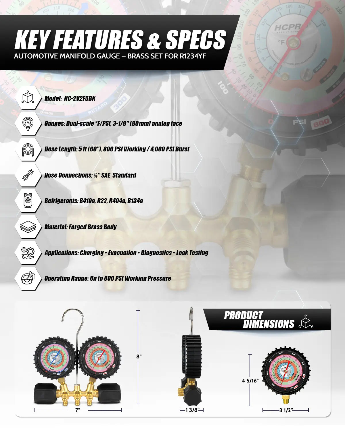 HCPRO HC-2V2F5BK Manifold Gauge Set – R410A/R22/R404A/R134a, 3-1/8" °F Gauges, 5 ft Hoses — view 6