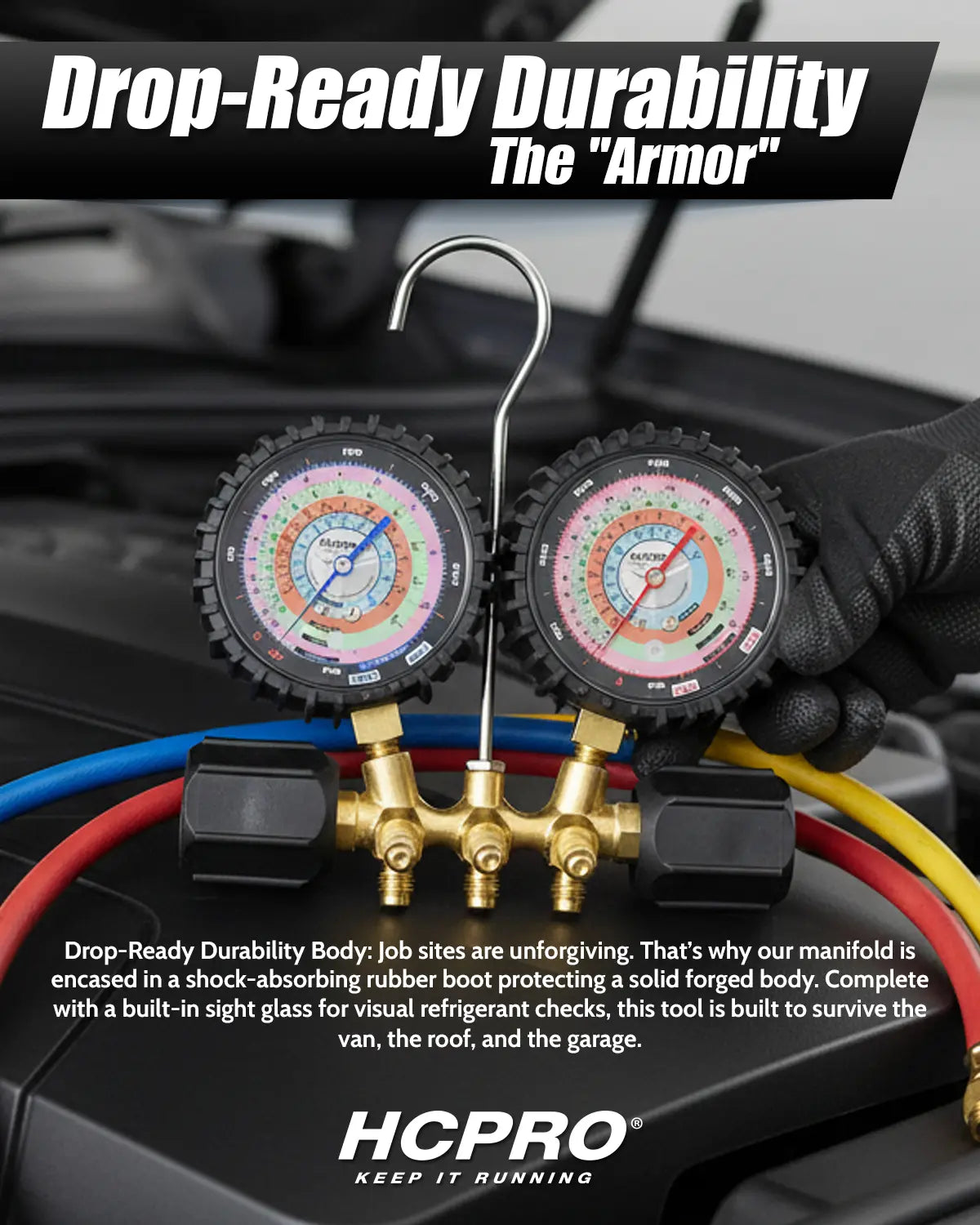 HCPRO HC-2V2F5BK Manifold Gauge Set – R410A/R22/R404A/R134a, 3-1/8" °F Gauges, 5 ft Hoses — view 5