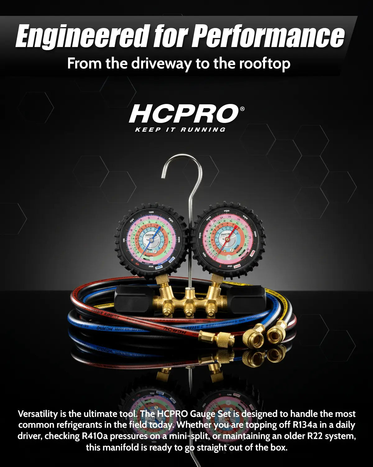 HCPRO HC-2V2F5BK Manifold Gauge Set – R410A/R22/R404A/R134a, 3-1/8" °F Gauges, 5 ft Hoses — view 7