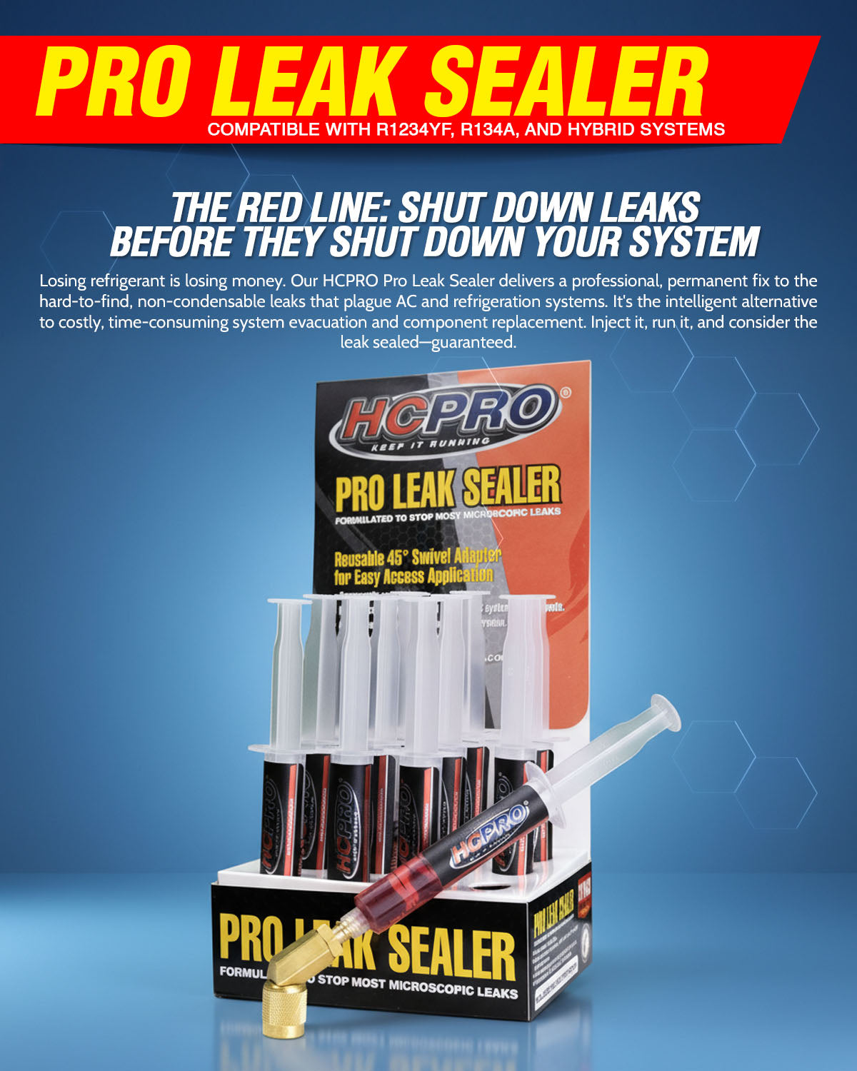 HCPRO HCLEAK12R Automotive A/C Leak Sealer Kit – 12 x 0.25 oz Syringes, 45° Swivel Adapter