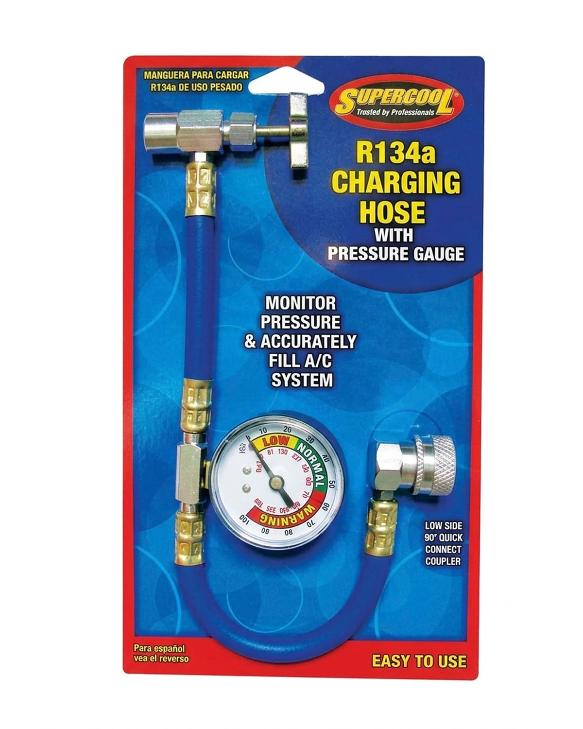 Supercool R-134a Auto Charging Hose & Gauge for Self-Sealing Valve
