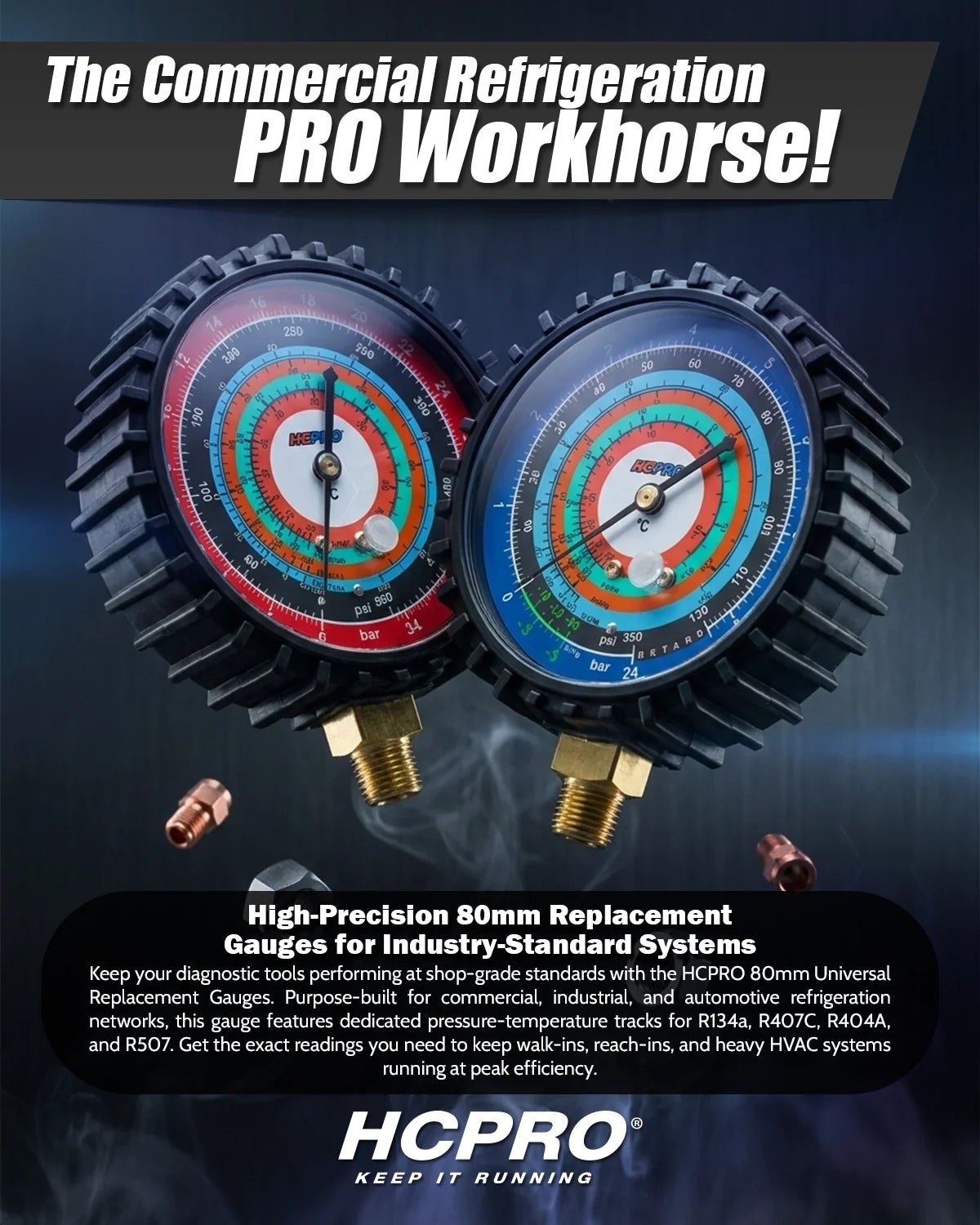 HCPRO BK-RG80C-REF 80 mm Refrigeration Replacement Gauge – R134a/R404A/R407C/R507, PSI/°C — view 2