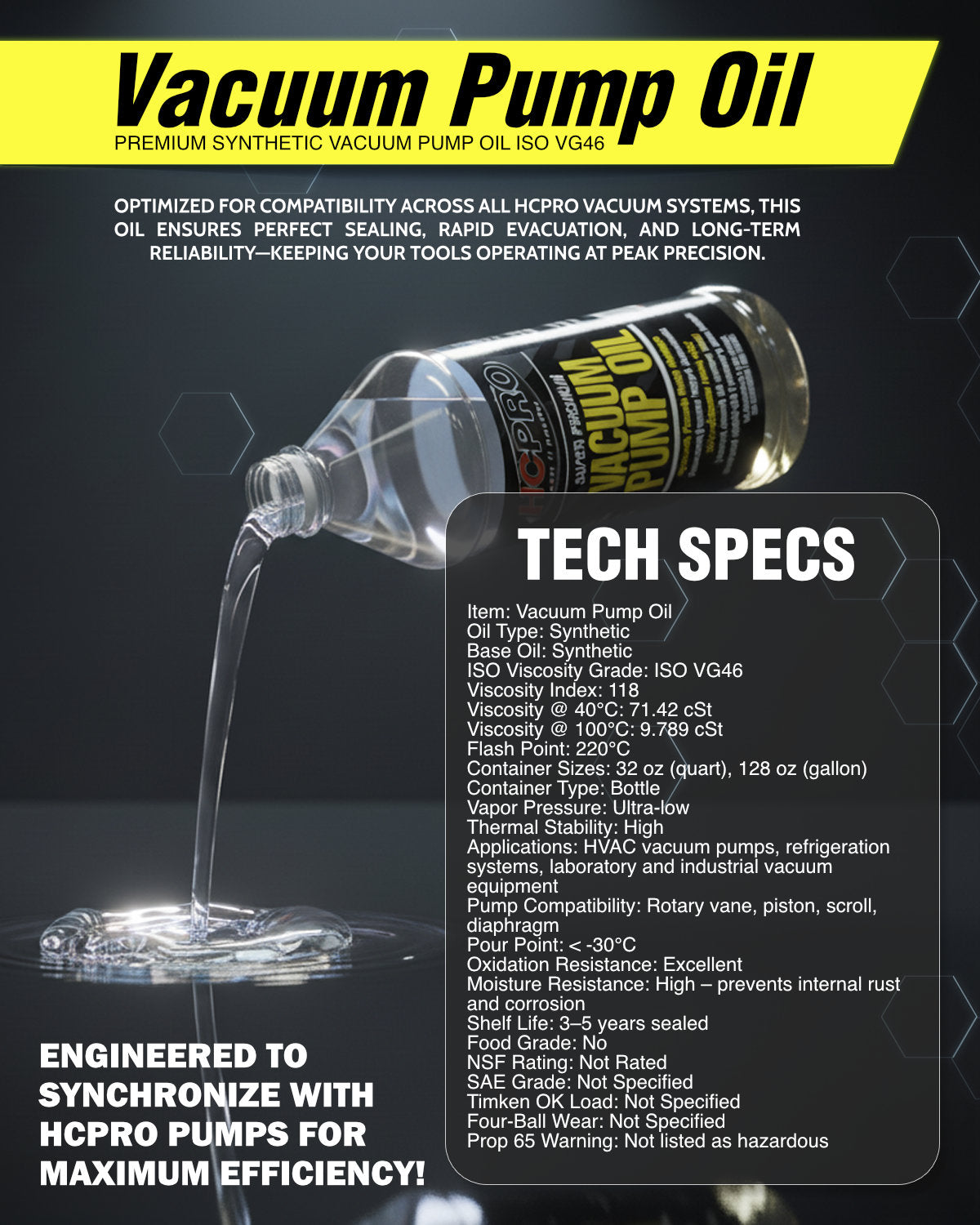HCPRO VPO-46 Synthetic Vacuum Pump Oil – ISO VG 46, Anti-Foam, Quart & Gallon — view 6