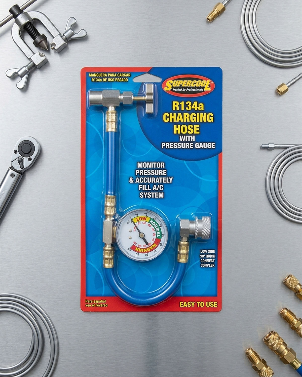 Supercool R134a Charging Hose with Gauge for Piercing Valve Cans