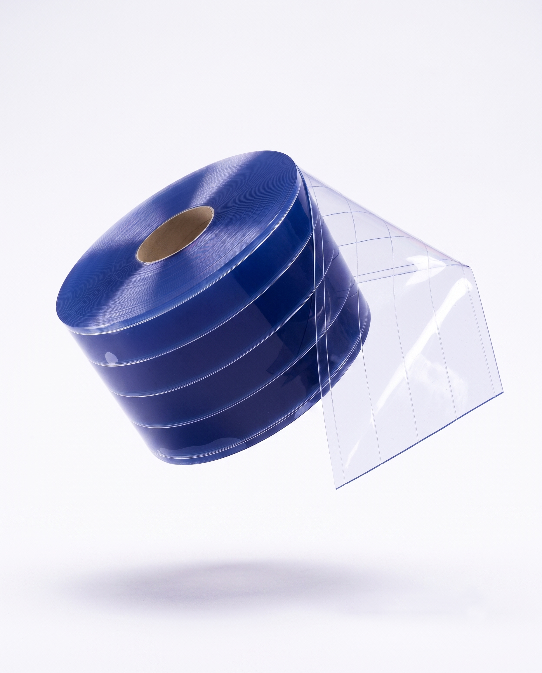 A roll of translucent blue adhesive labels partially peeled back to reveal a clear backing, shown against a clean white background.