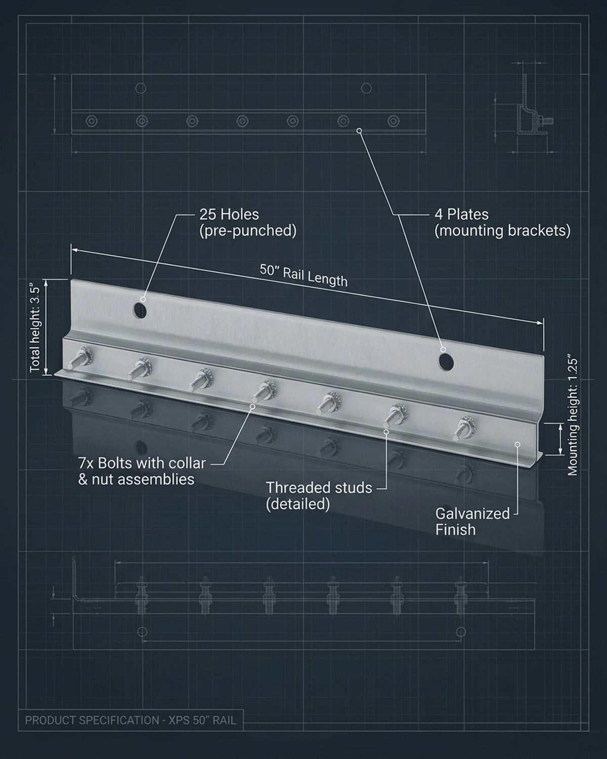 XPS Wall Mount Galvanized Hardware – 50" Rail, 25 Holes, 4 Plates